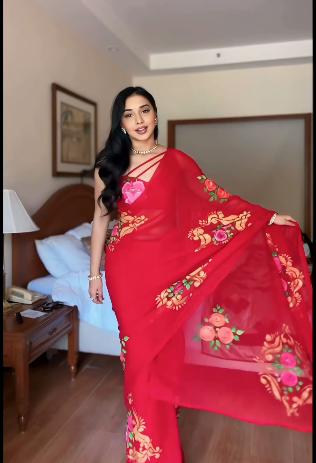 Red Color Flower Digital Print Design Ready To Wear Saree