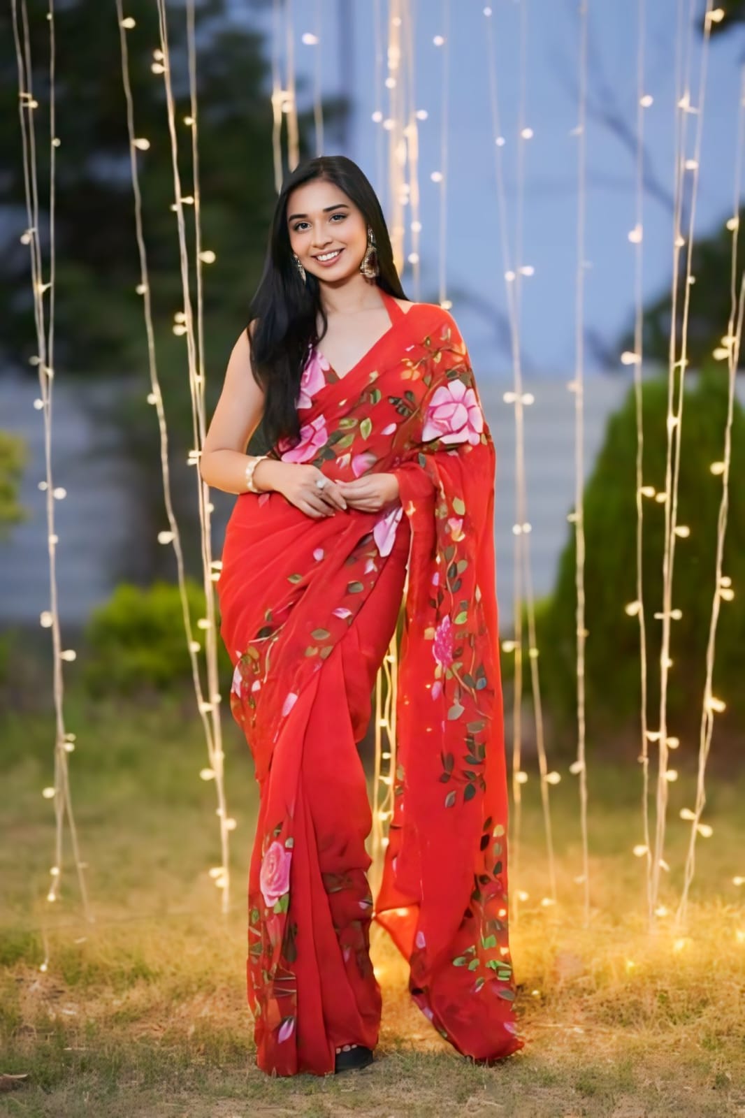 Ready To Wear Multi Flower Print Red Color Saree