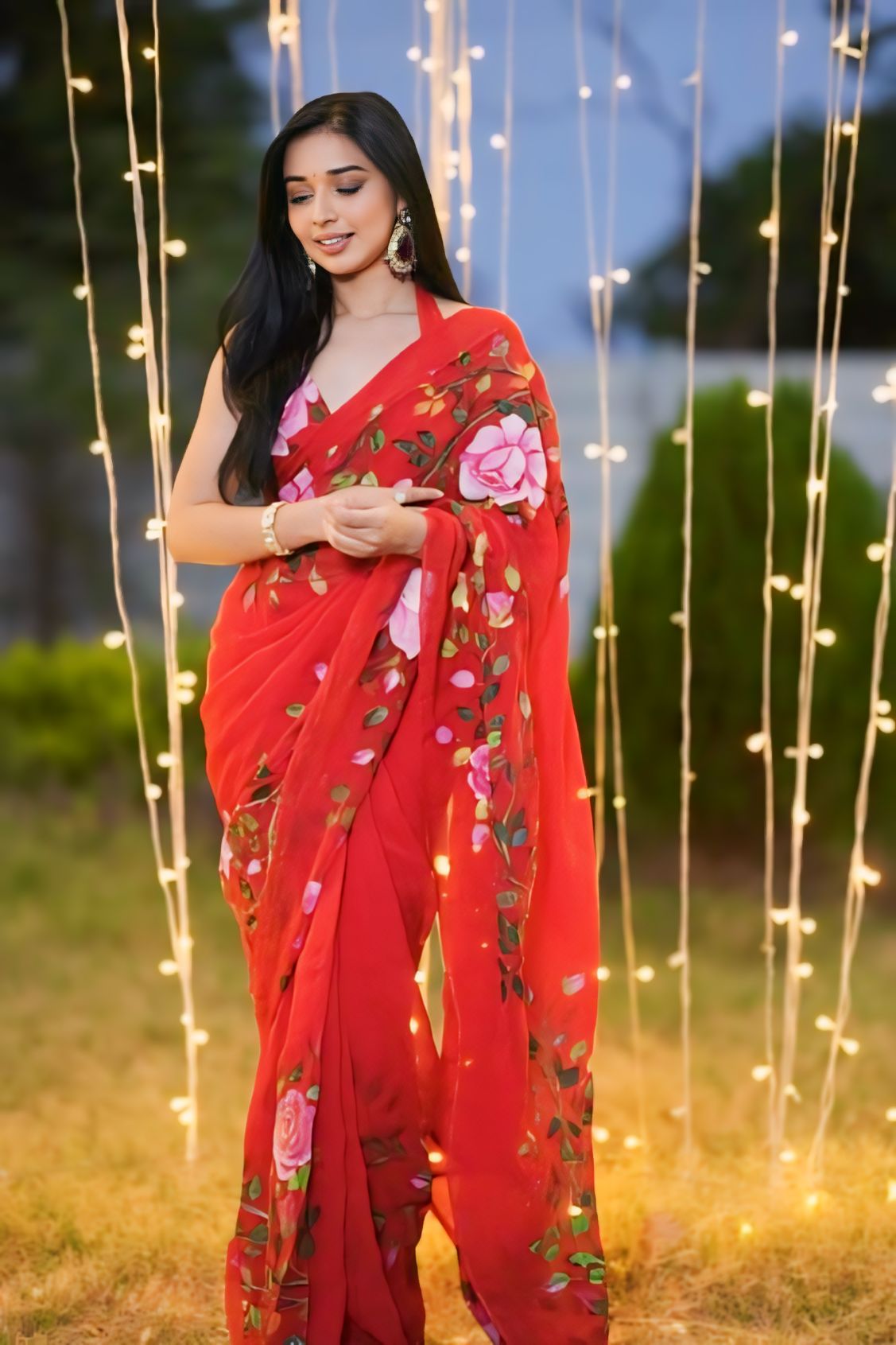 Ready To Wear Multi Flower Print Red Color Saree