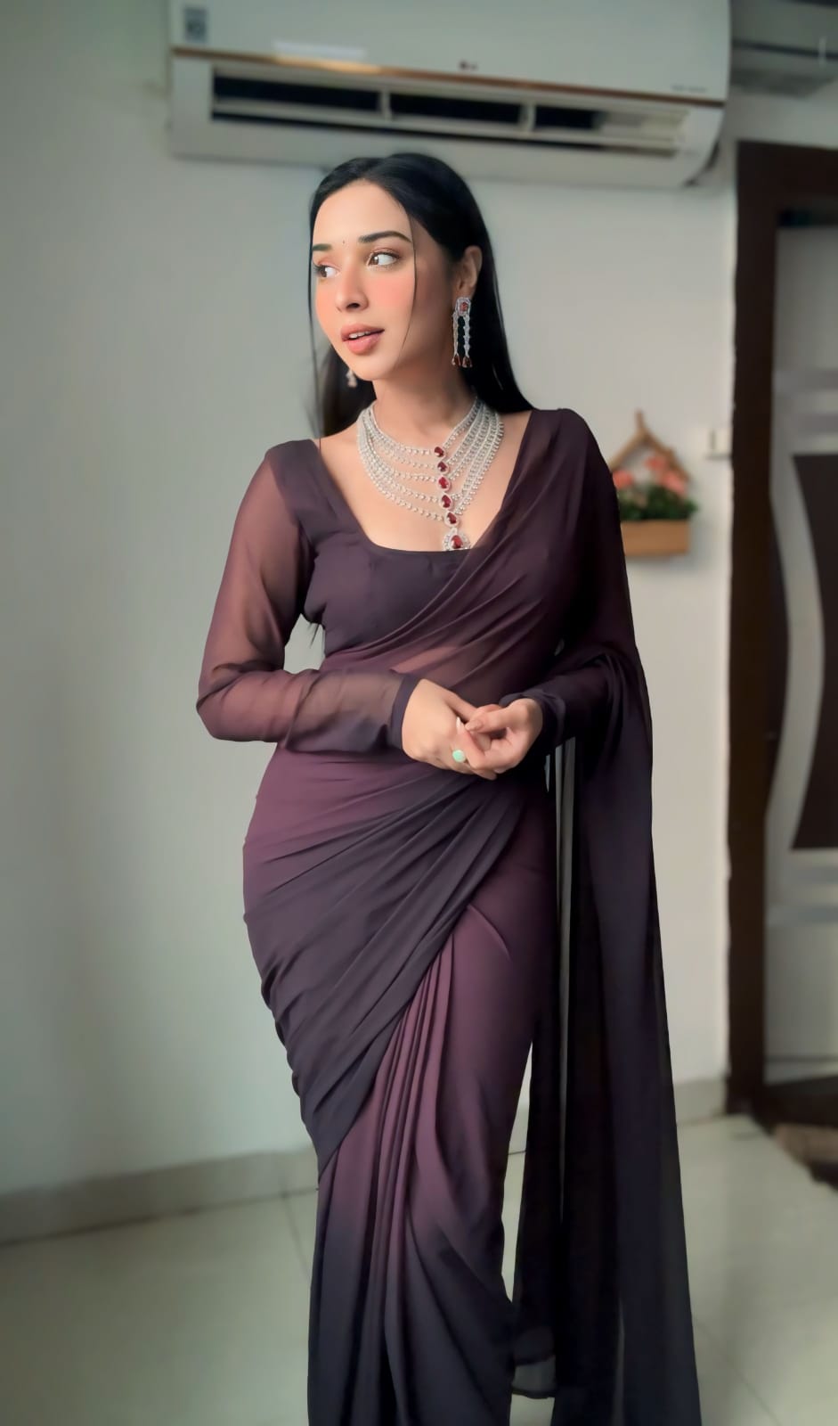 Wine Shade Plain Ready To Wear Saree