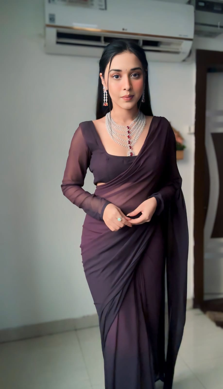 Wine Shade Plain Ready To Wear Saree