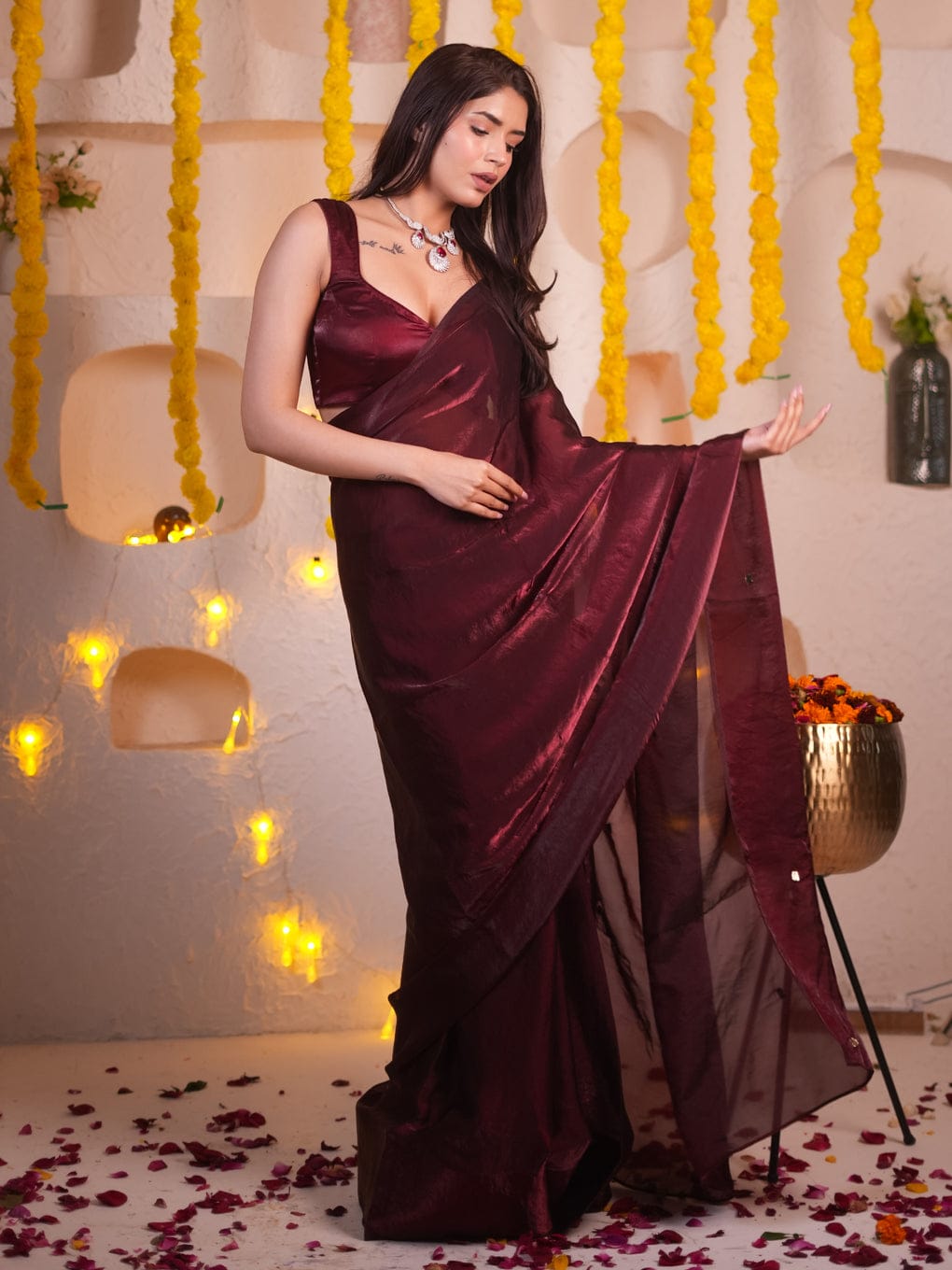 Embellished Spread Shine Maroon Saree