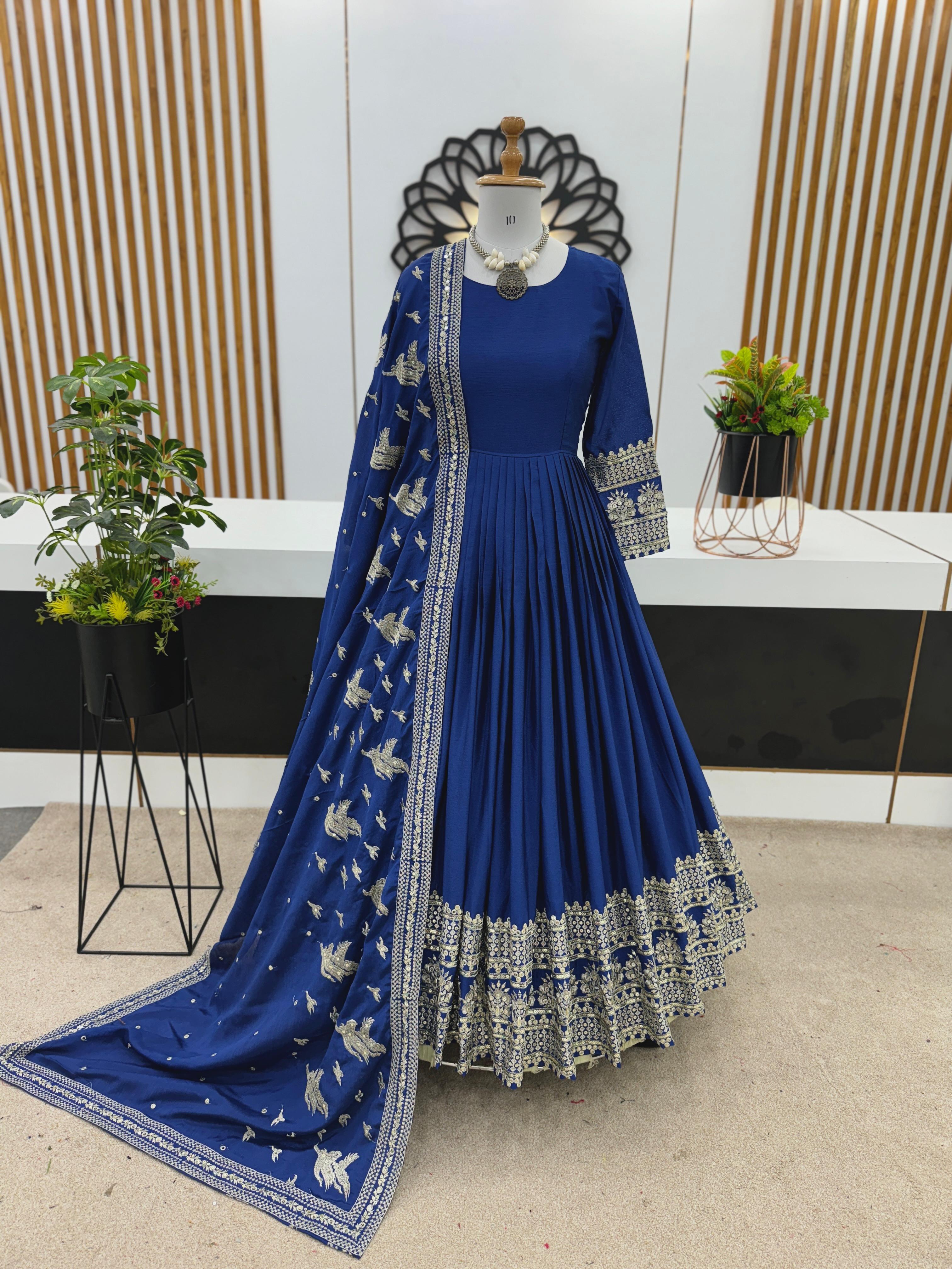 Blue Color Heavy Embroidery Sequence Work Long Gown