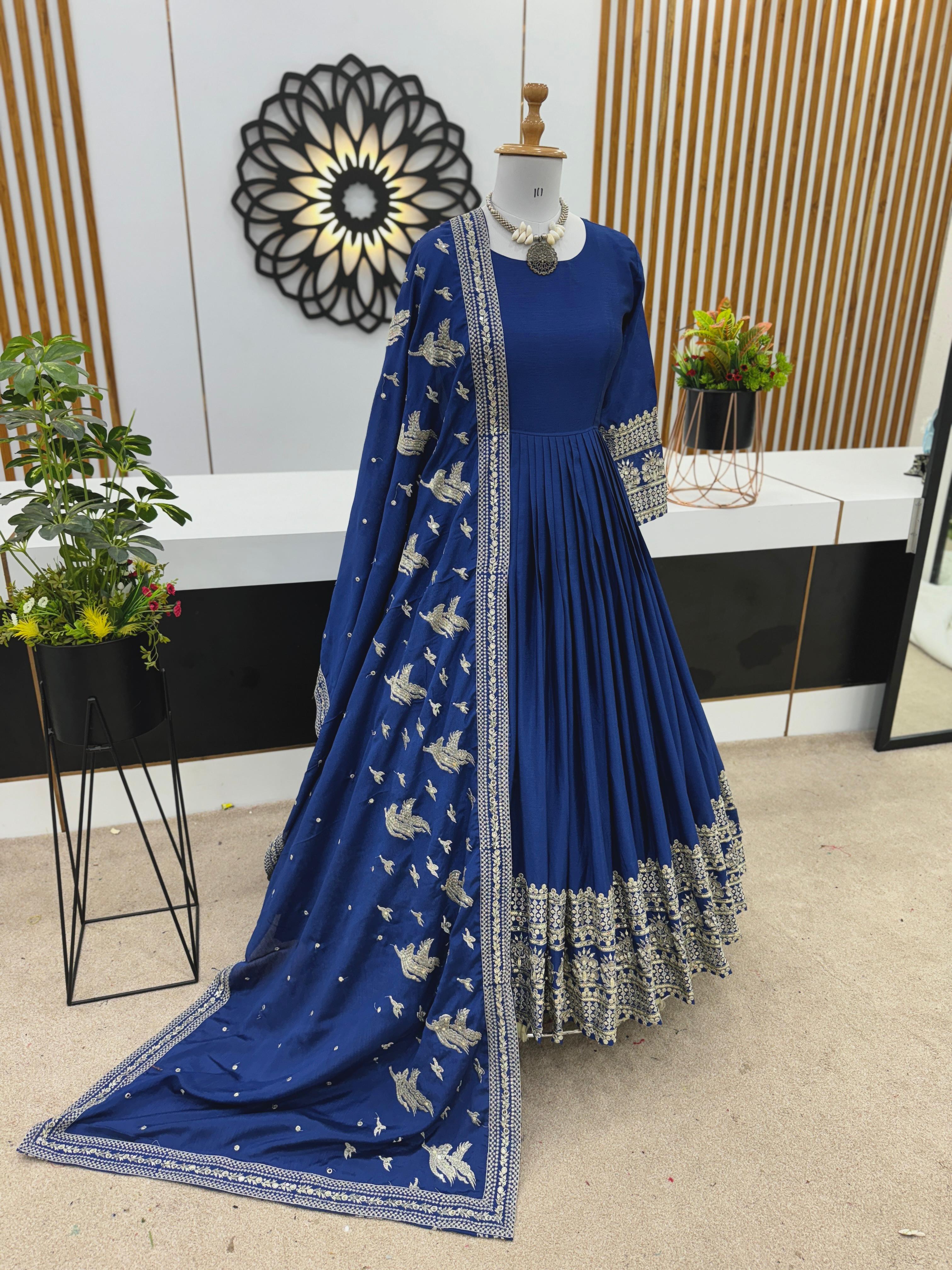 Blue Color Heavy Embroidery Sequence Work Long Gown