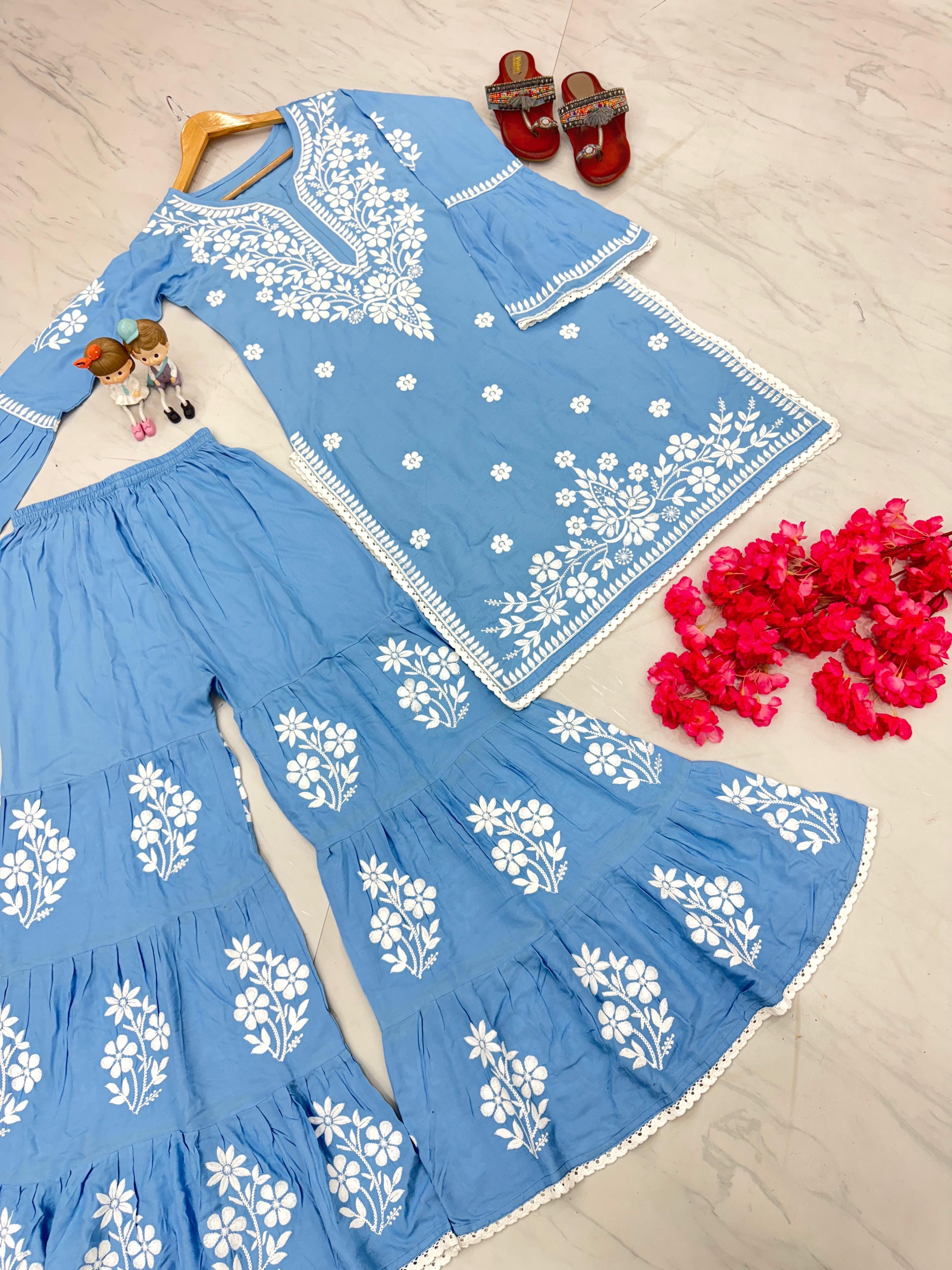 Chikankari Thread Work Sky Blue Kurti With Sharara