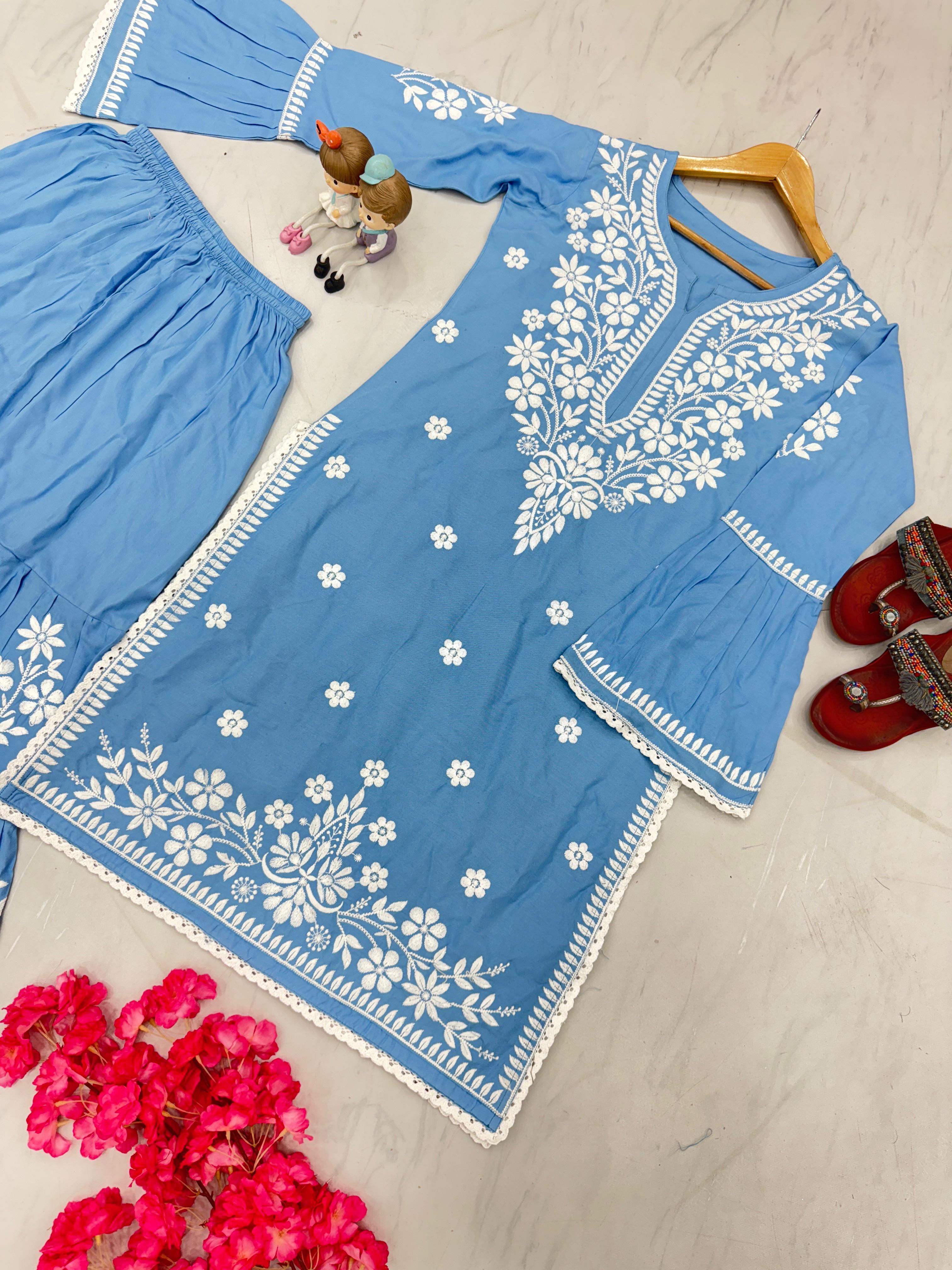 Chikankari Thread Work Sky Blue Kurti With Sharara