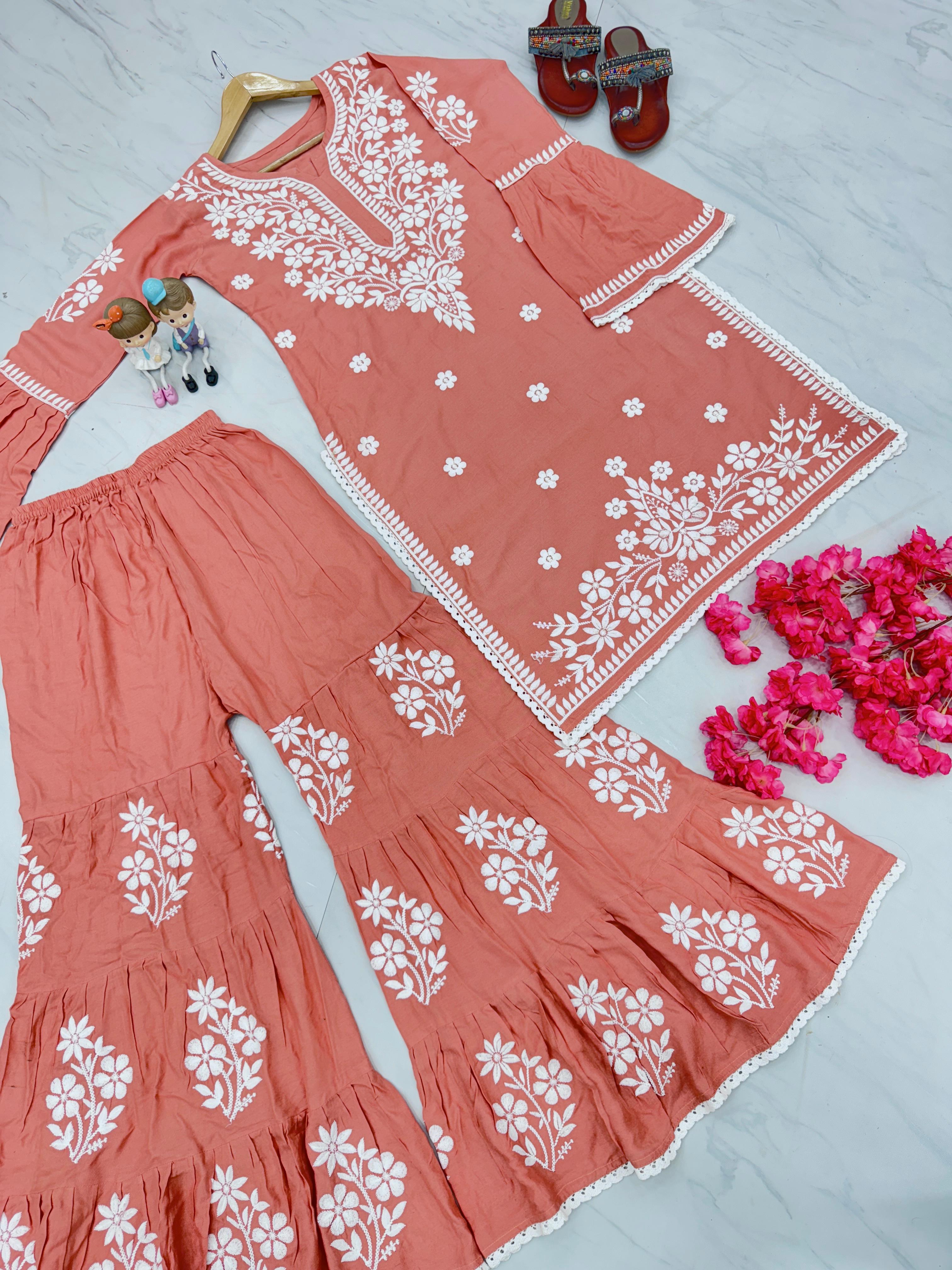 Chikankari Thread Work Peach Kurti With Sharara