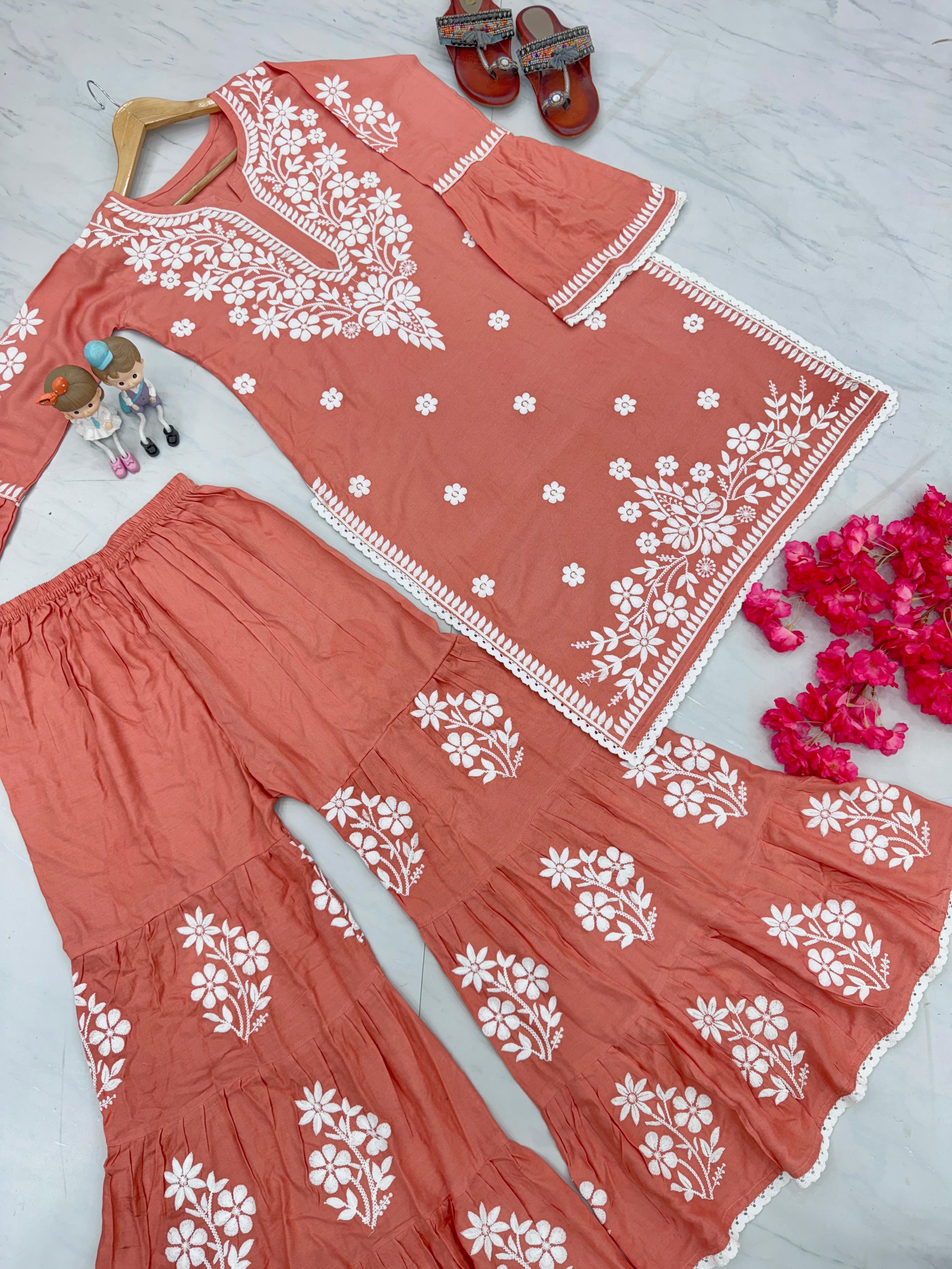 Chikankari Thread Work Peach Kurti With Sharara