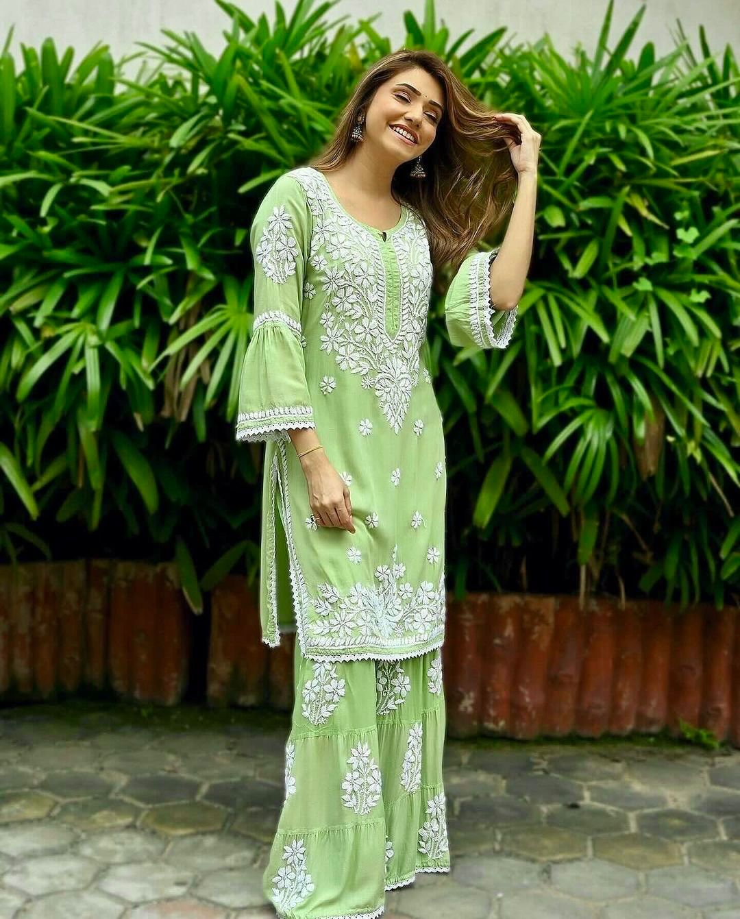 Chikankari Thread Work Green Kurti With Sharara