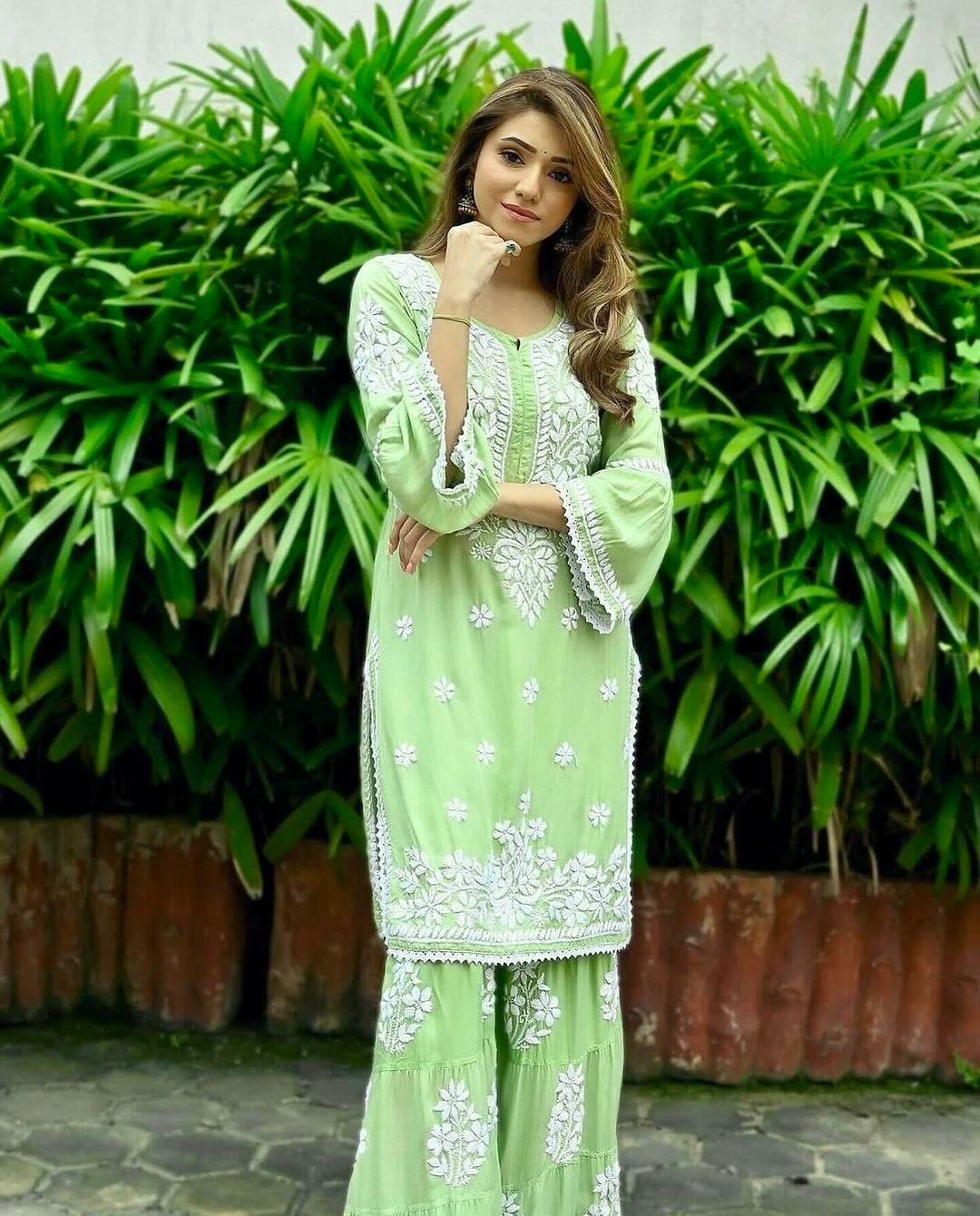 Chikankari Thread Work Green Kurti With Sharara