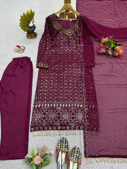 Presenting Full Sequence With Mirror Work Wine Color Kurti Set