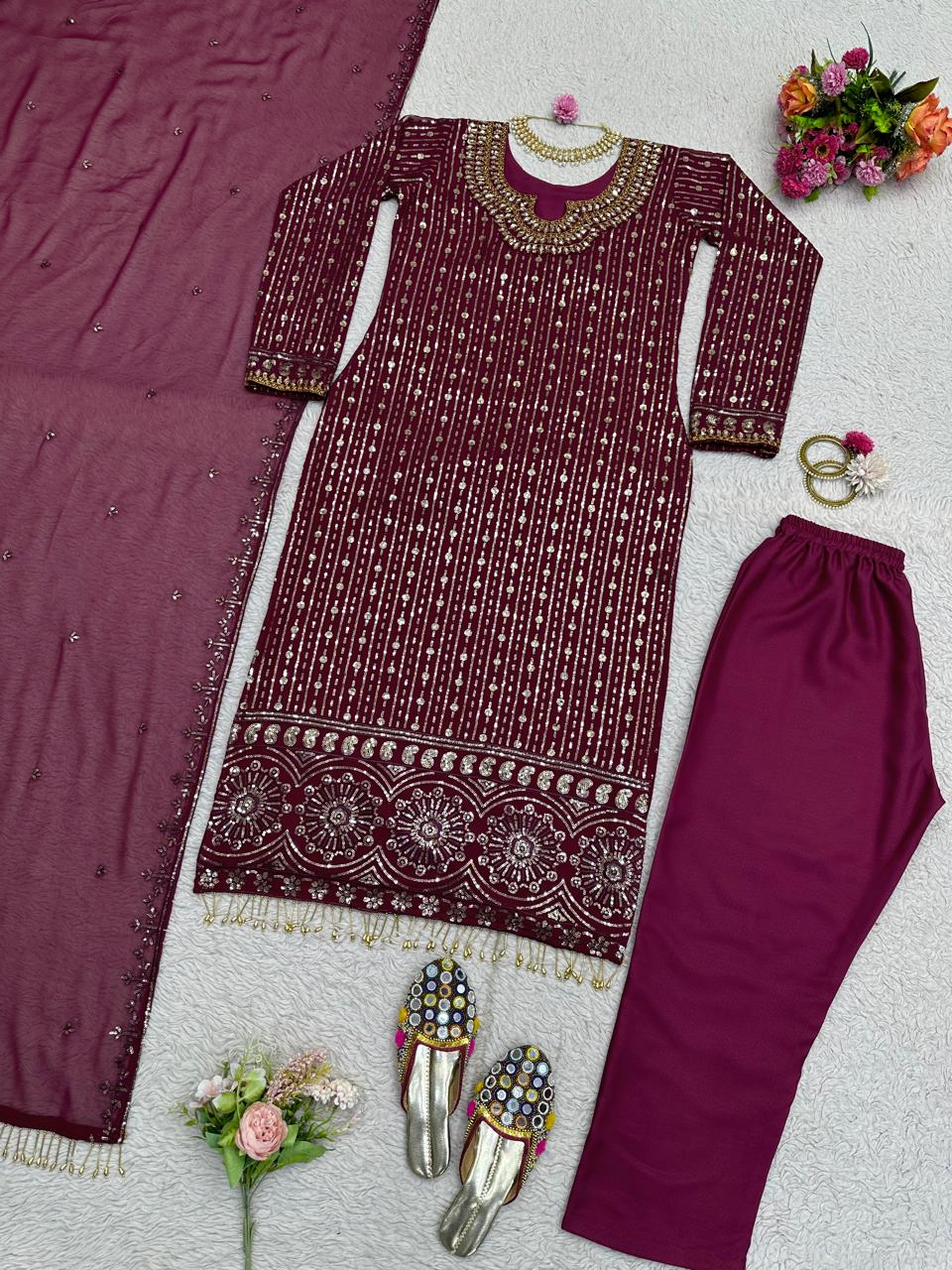 Presenting Full Sequence With Mirror Work Wine Color Kurti Set