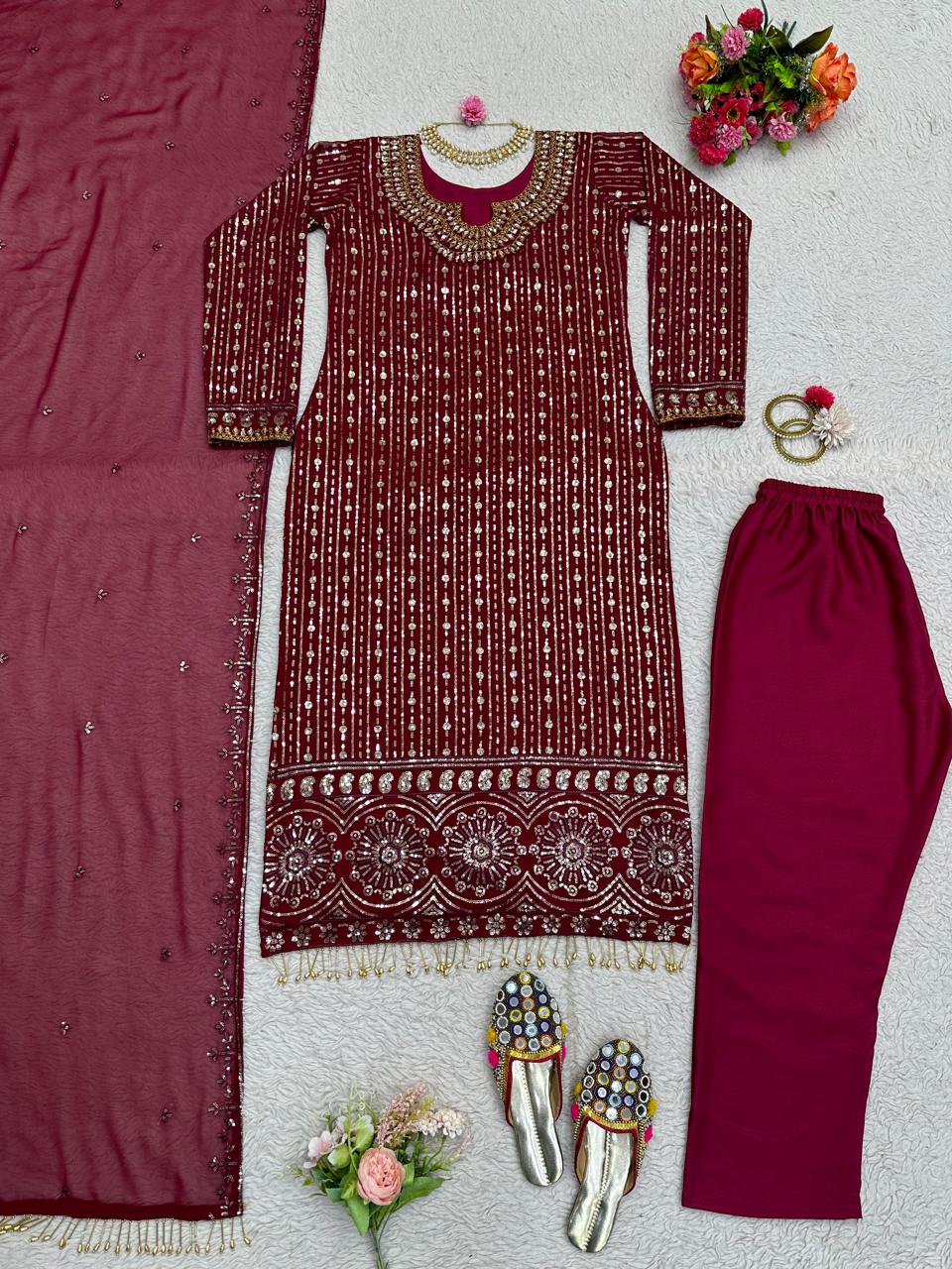 Presenting Full Sequence With Mirror Work Wine Color Kurti Set