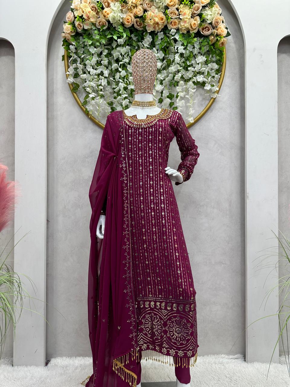 Presenting Full Sequence With Mirror Work Wine Color Kurti Set