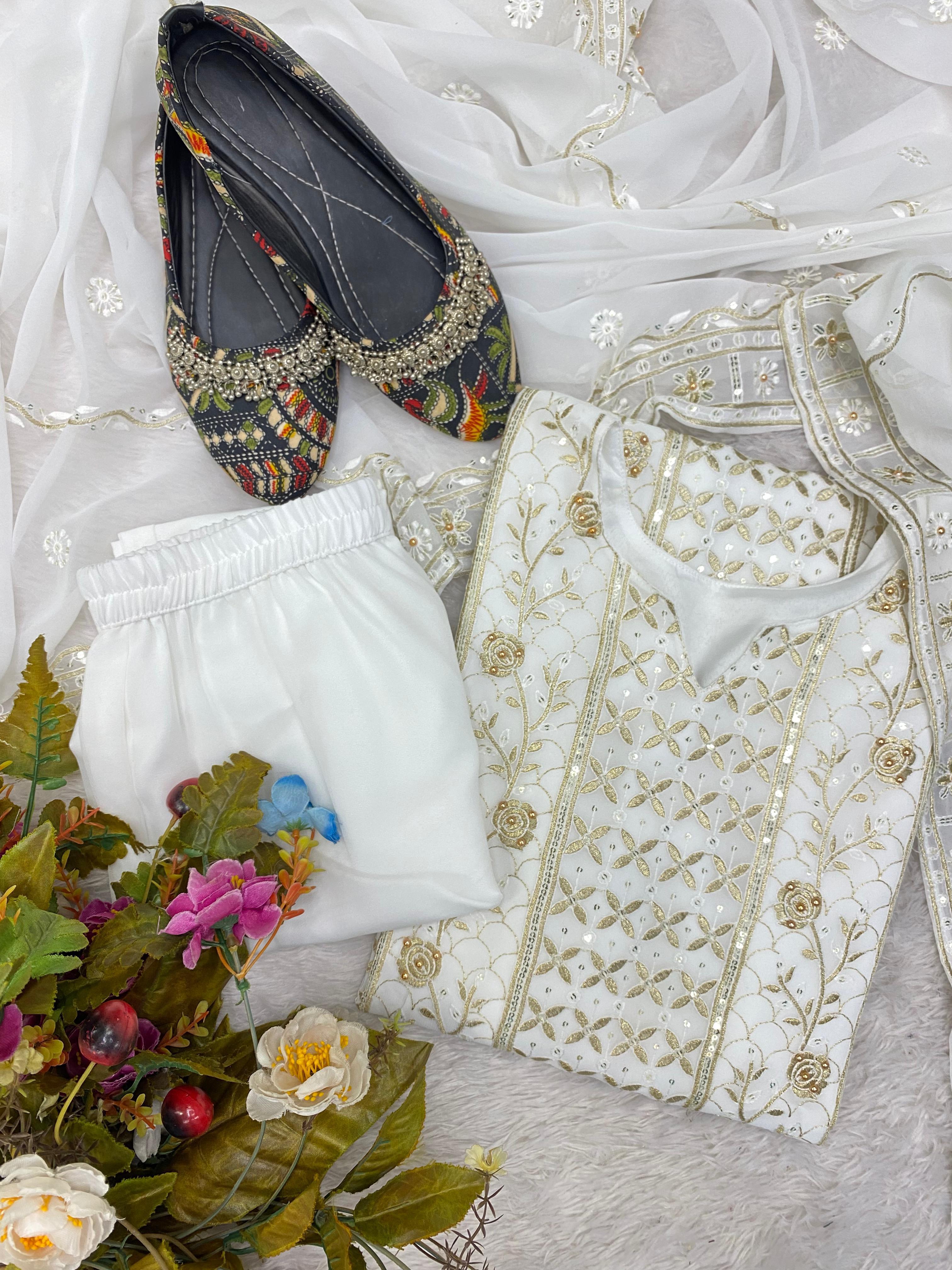 Festive Sequence Work White Color Kurti Pant With Dupatta