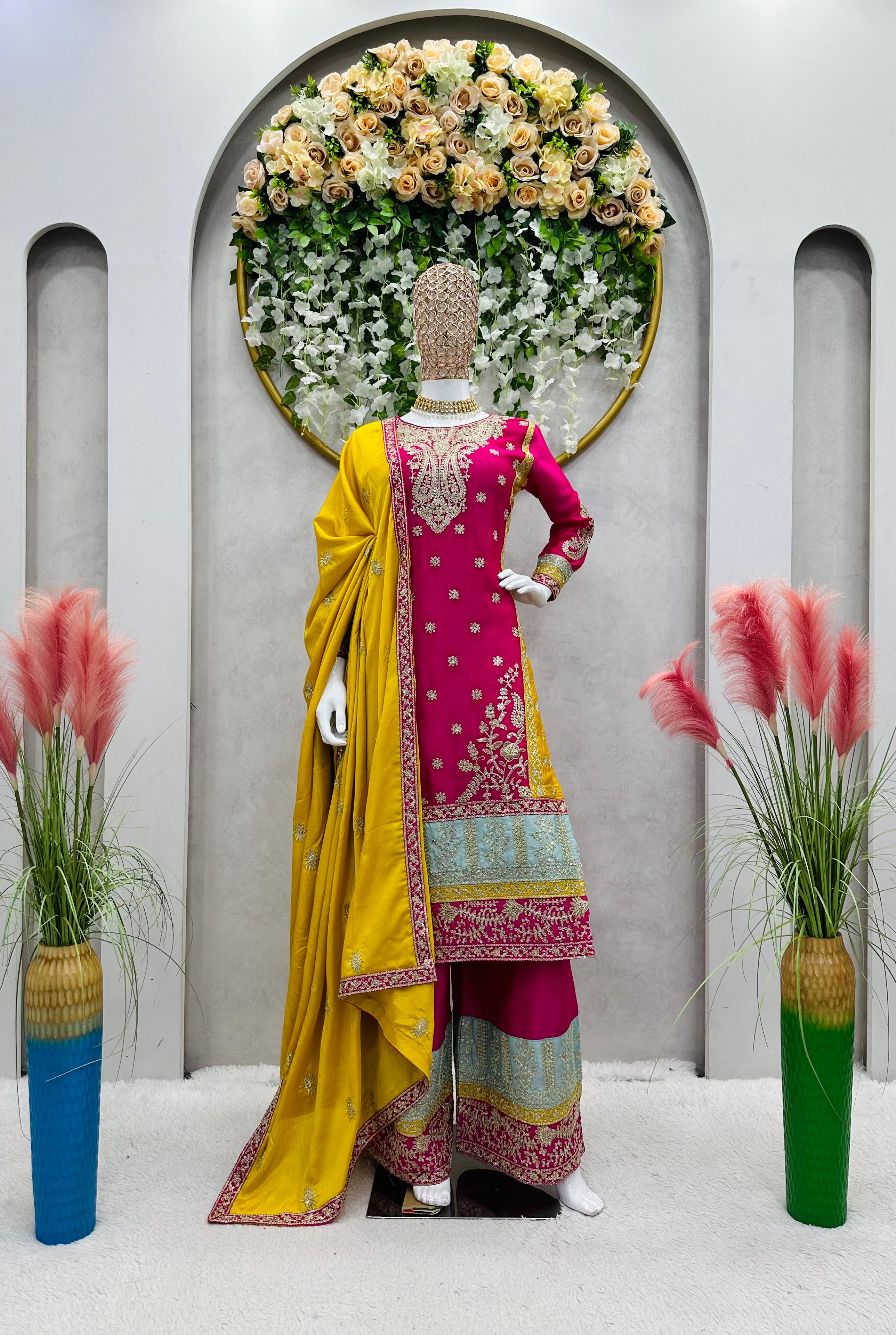 Heavy Work With Multi Color Design Pink Palazzo Suit