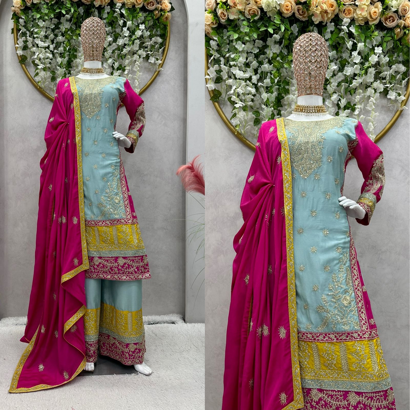 Heavy Work With Multi Color Design Sky Blue Palazzo Suit