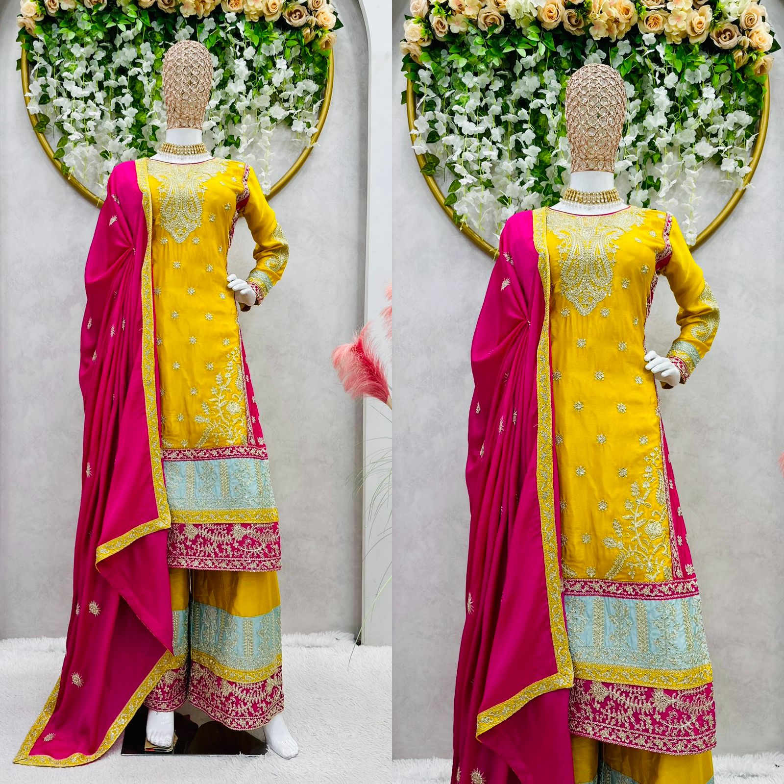 Heavy Work With Multi Color Design Yellow Palazzo Suit