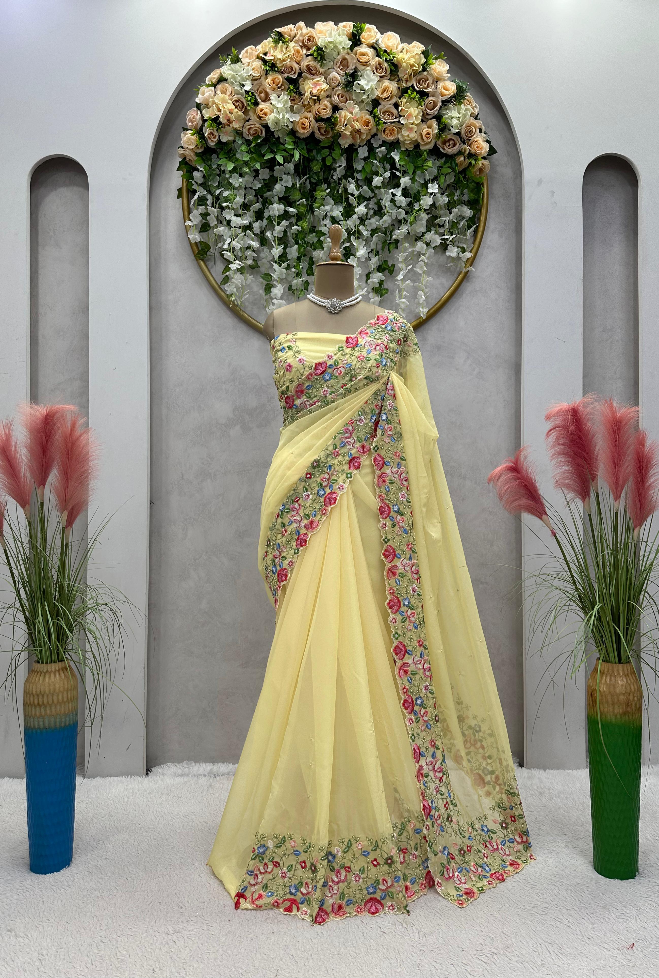 Sequence Lace Border With Pearl Work Yellow Saree