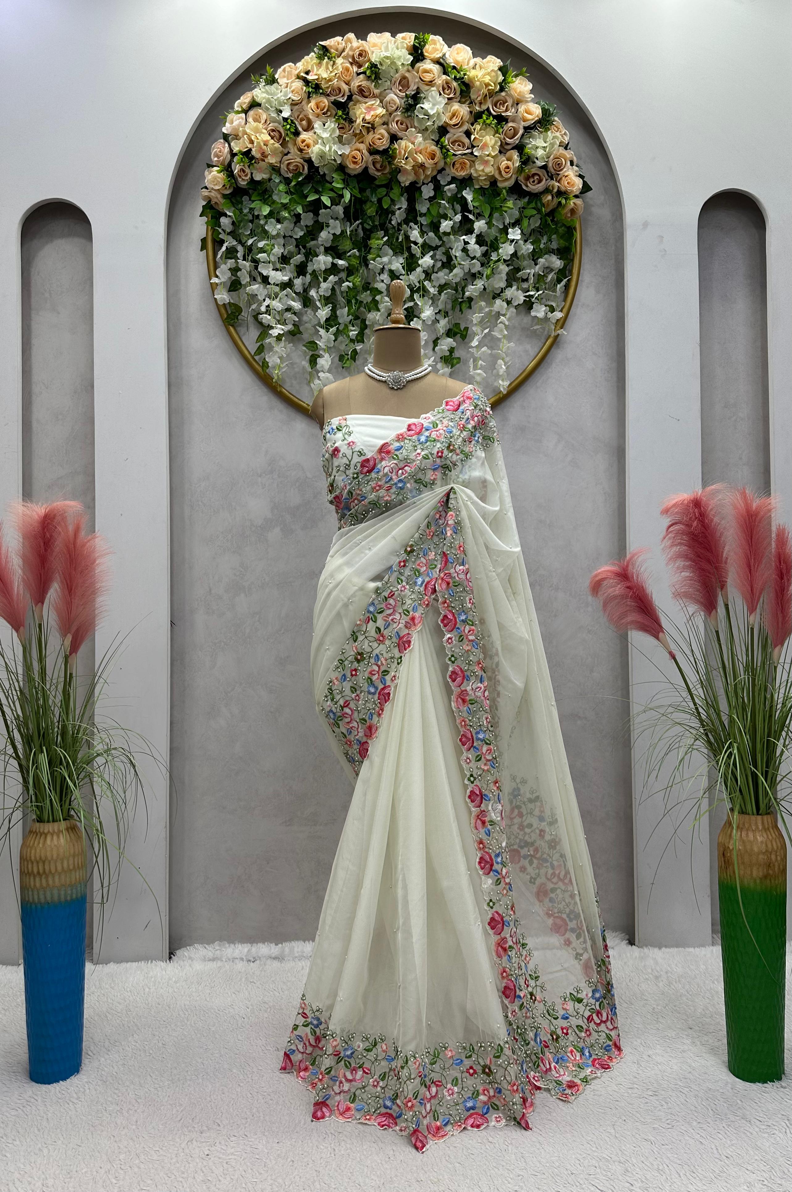 Sequence Lace Border With Pearl Work White Saree