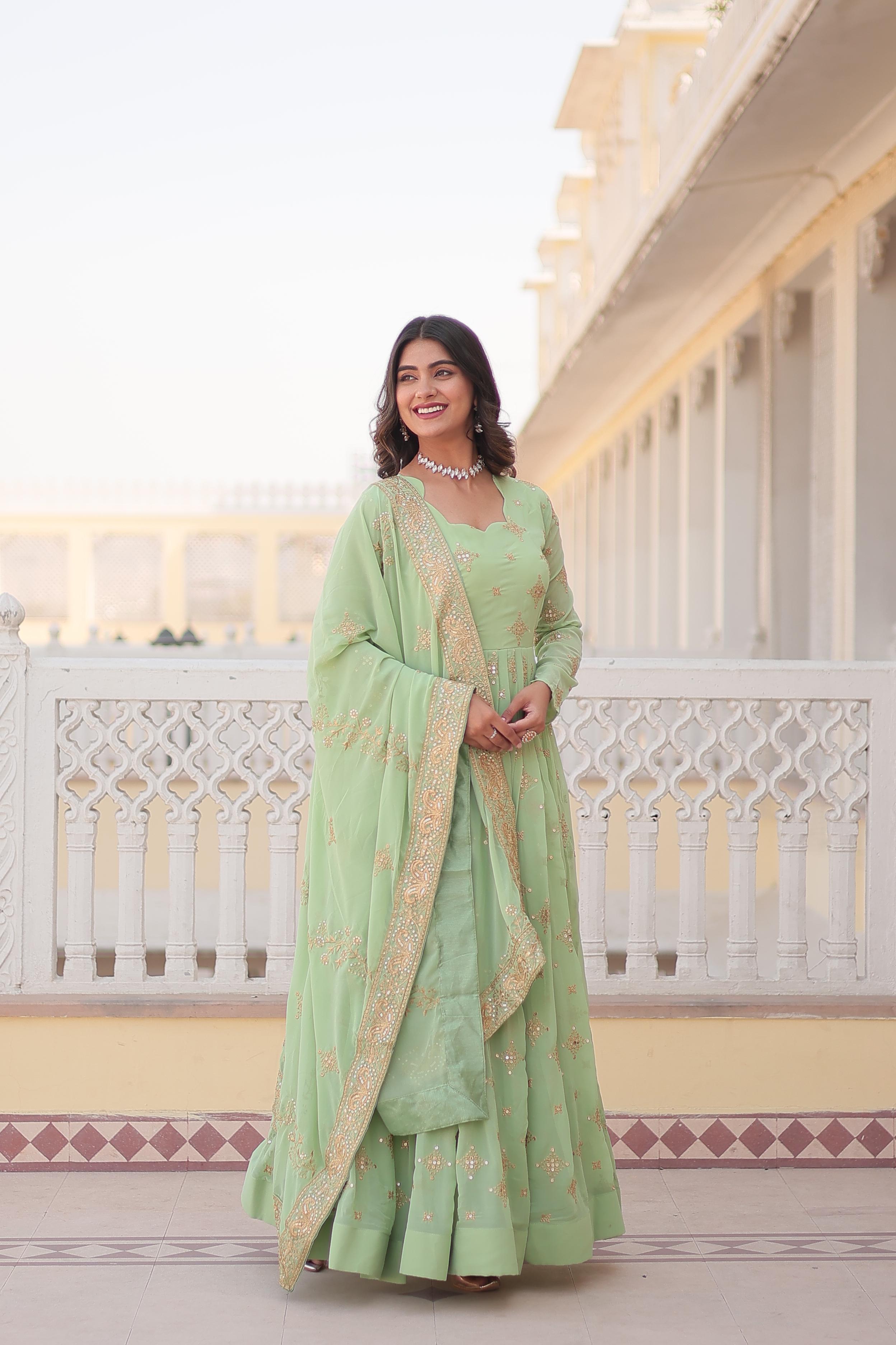 Pista Green Sequence Embroidery Work Alluring Gown