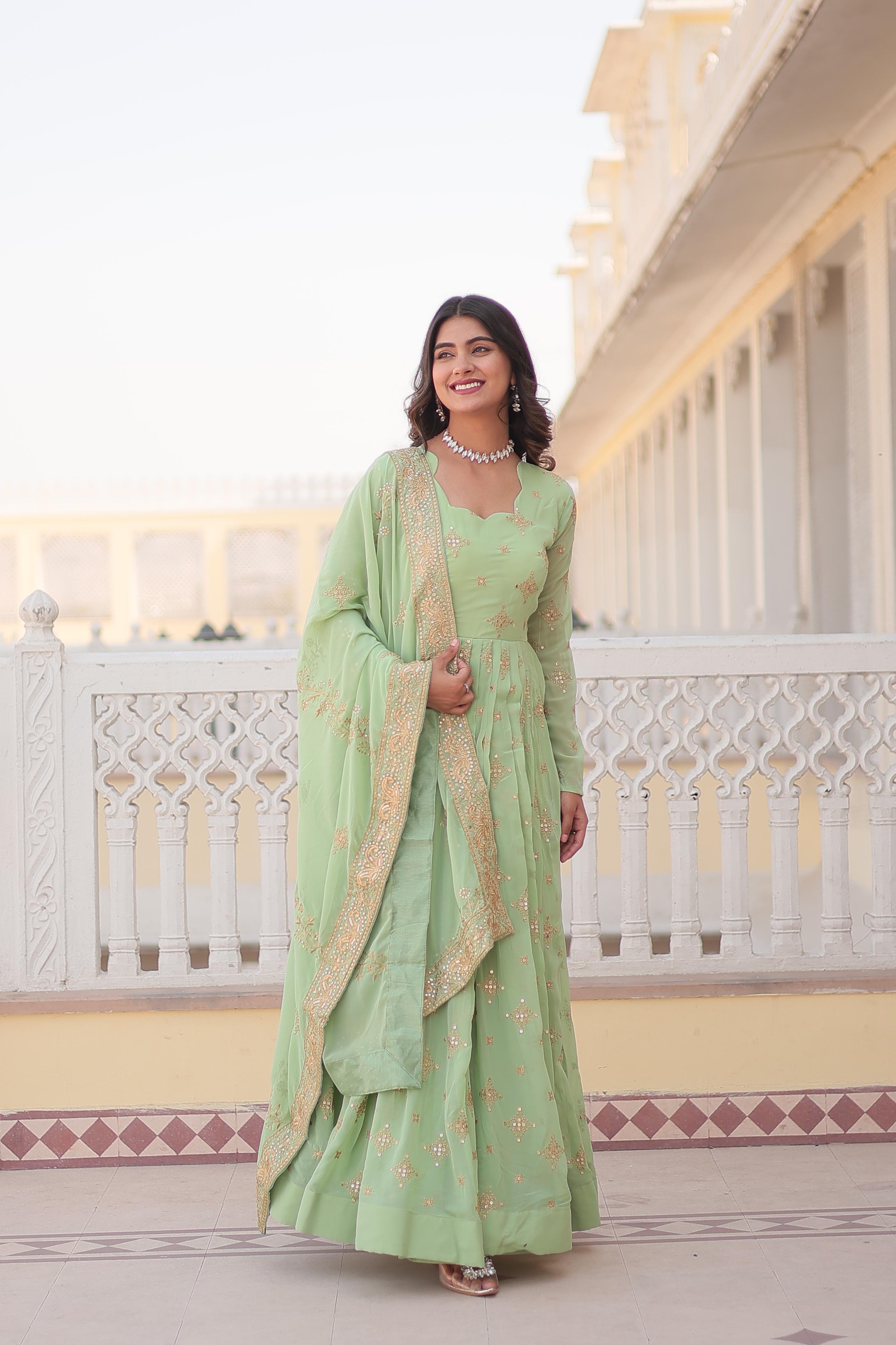 Pista Green Sequence Embroidery Work Alluring Gown