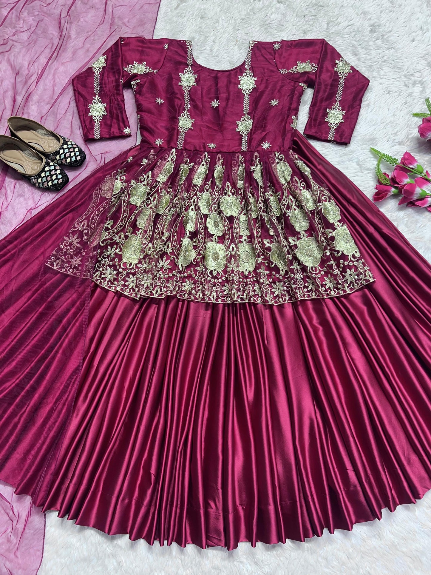 Heavy Diamond Embroidery Work Maroon Color Top With Lehenga