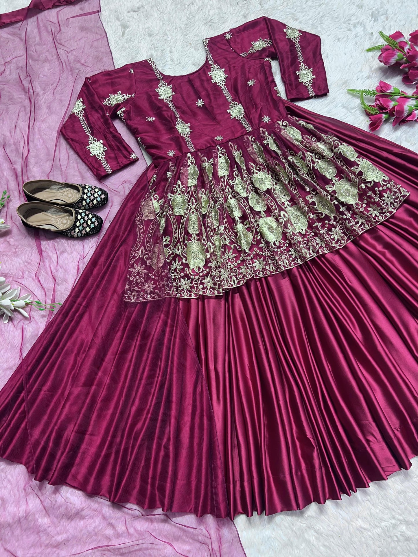 Heavy Diamond Embroidery Work Maroon Color Top With Lehenga