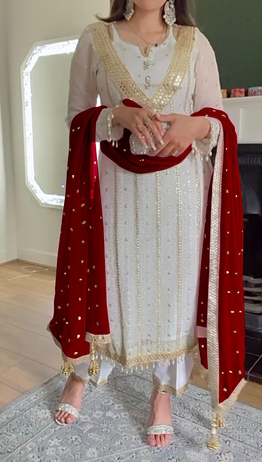 Pakistani Style Full Work White Kurti Pant With Maroon Dupatta