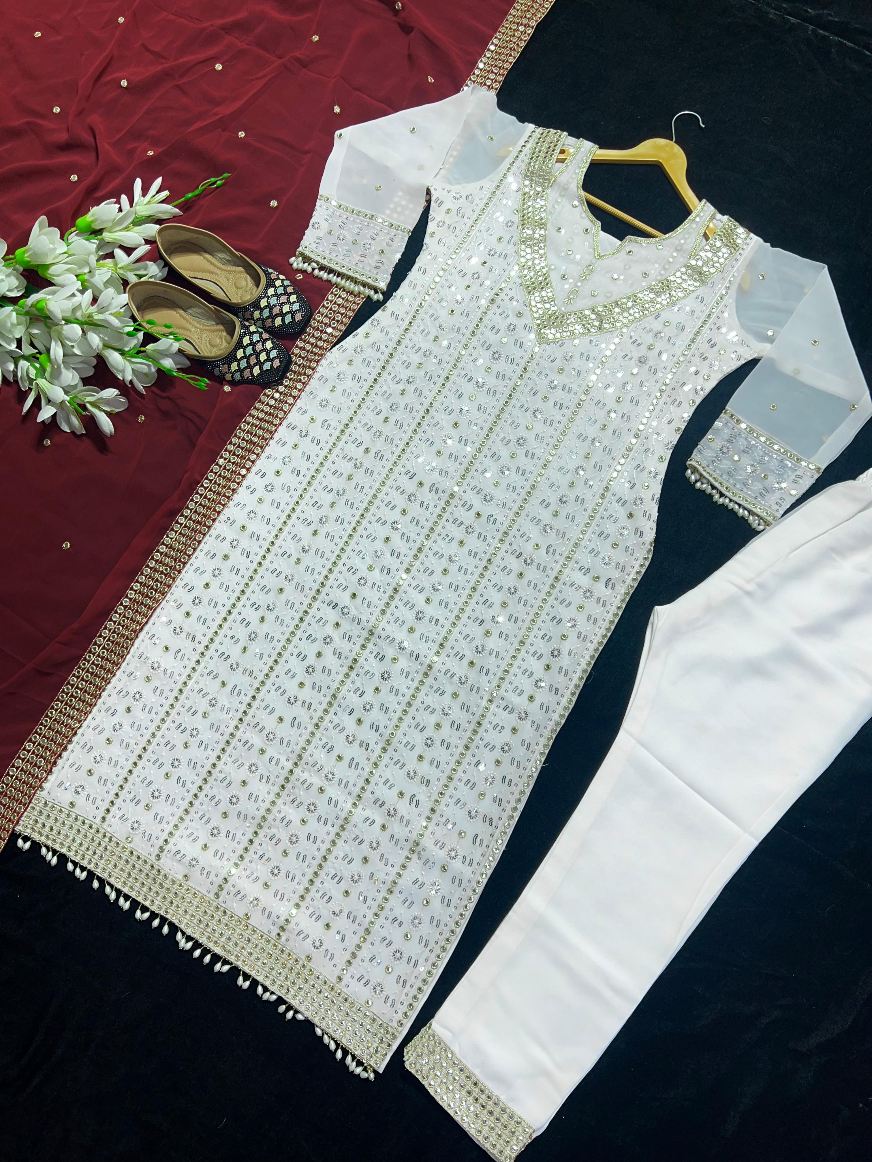 Pakistani Style Full Work White Kurti Pant With Maroon Dupatta