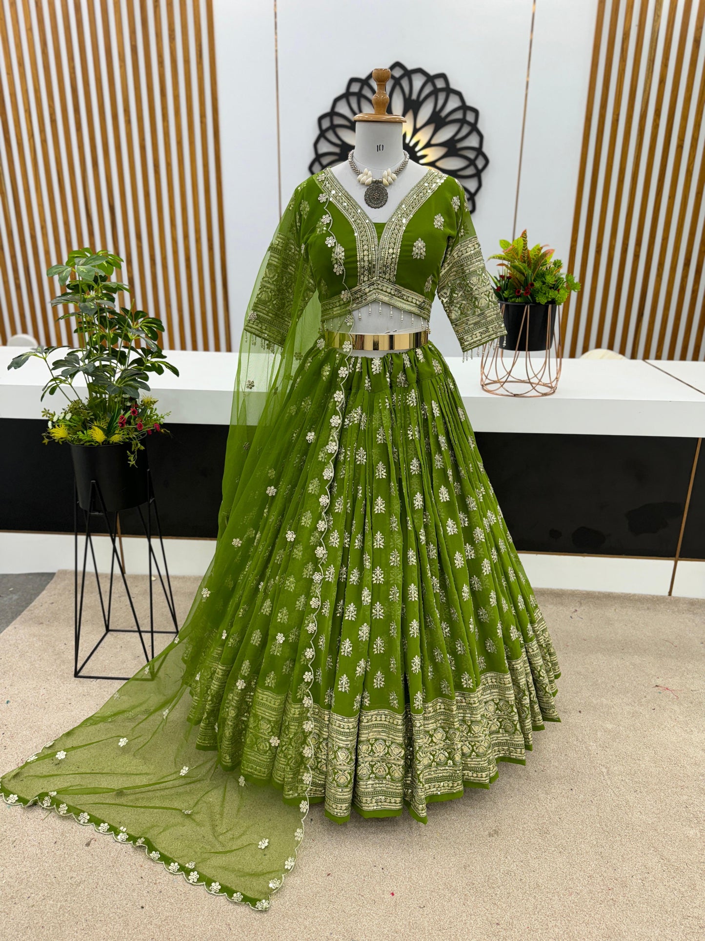 Full Heavy Embroidery Sequence Work Green Lehenga Choli