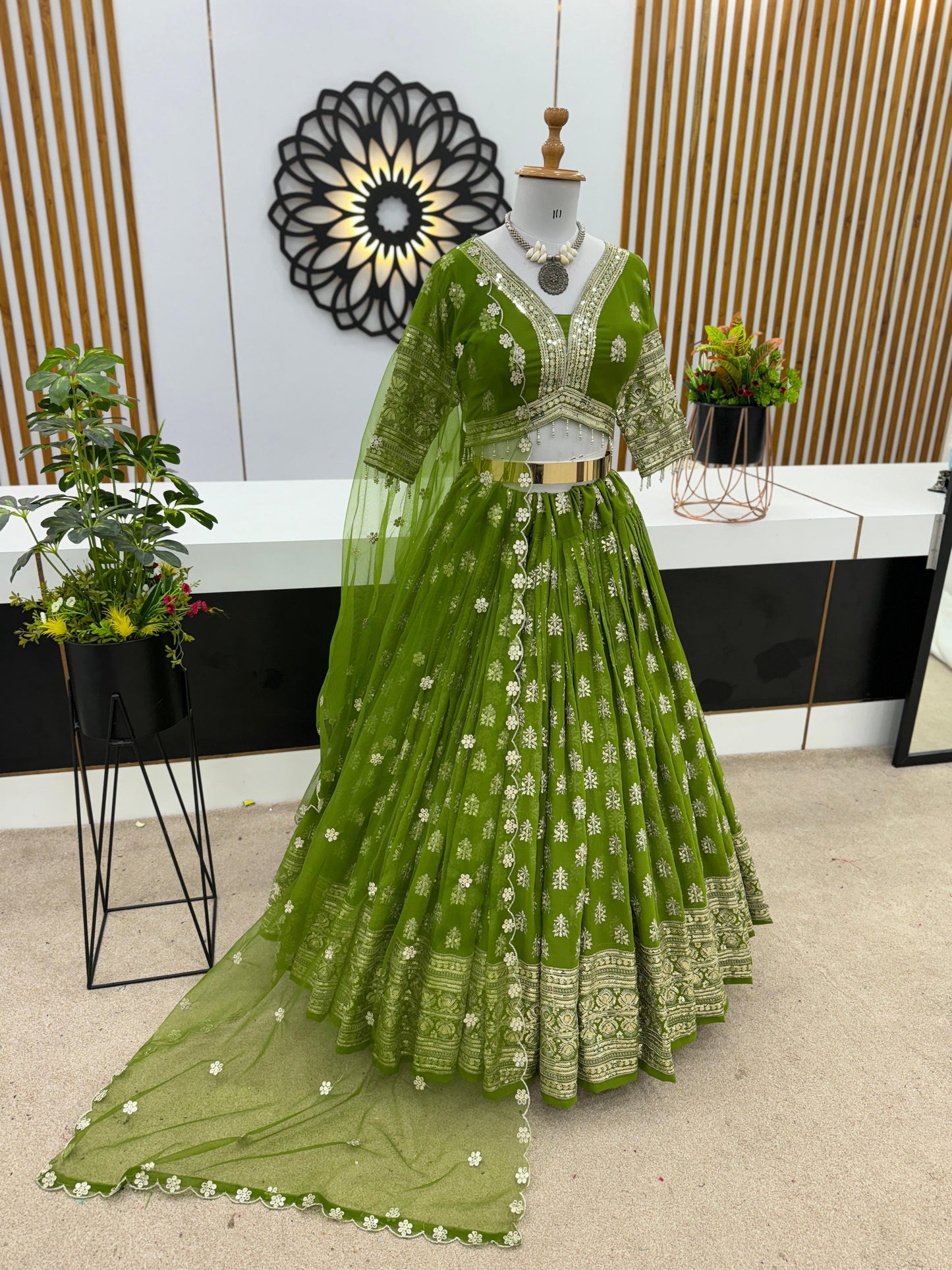 Full Heavy Embroidery Sequence Work Green Lehenga Choli