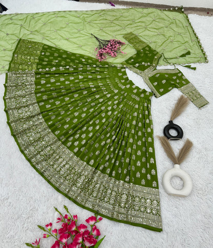 Full Heavy Embroidery Sequence Work Green Lehenga Choli