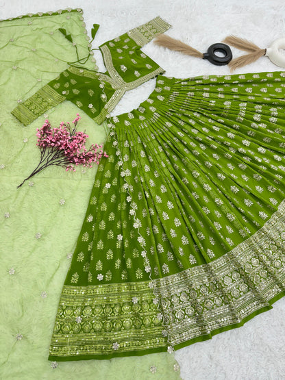 Full Heavy Embroidery Sequence Work Green Lehenga Choli