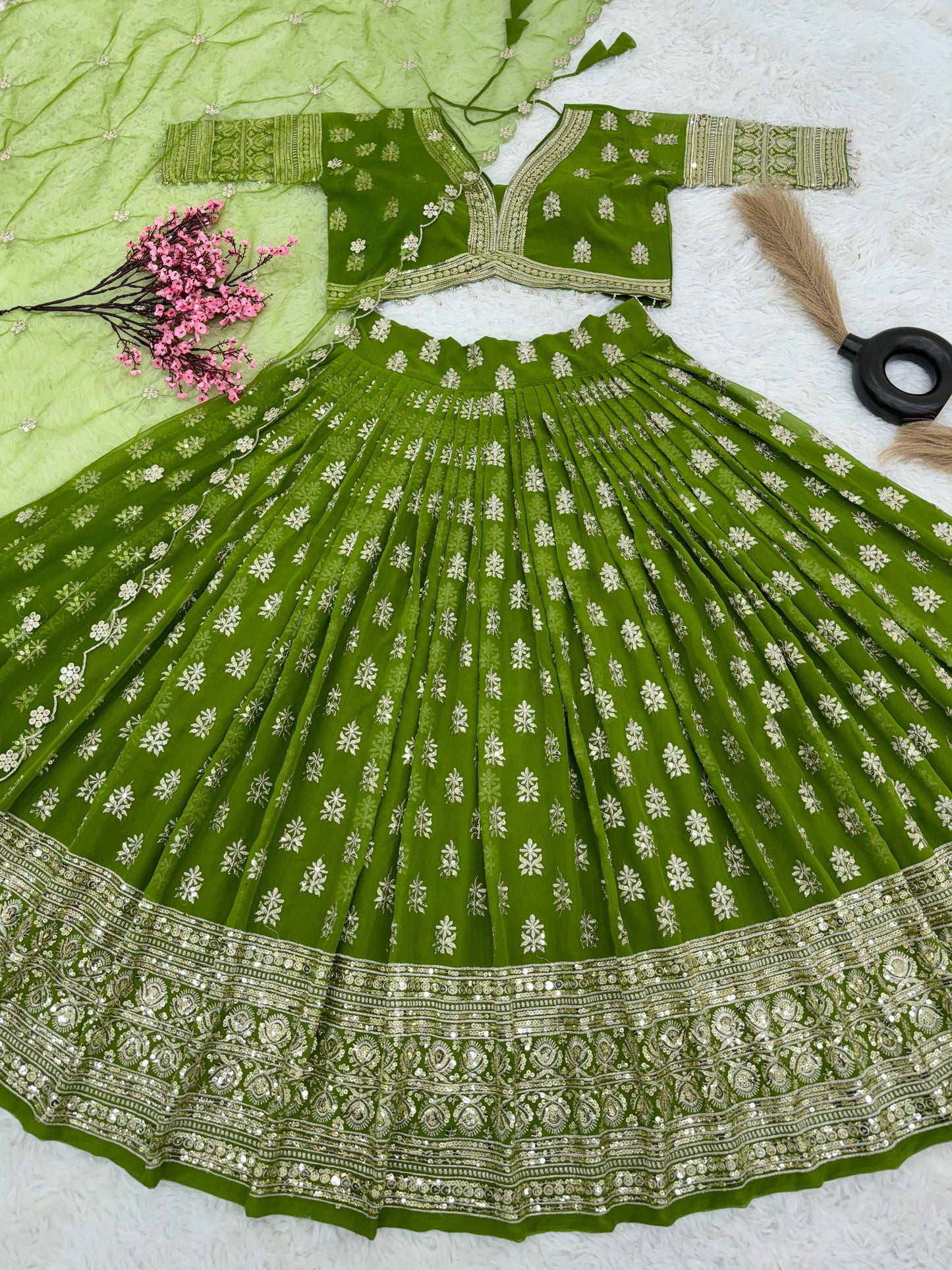 Full Heavy Embroidery Sequence Work Green Lehenga Choli