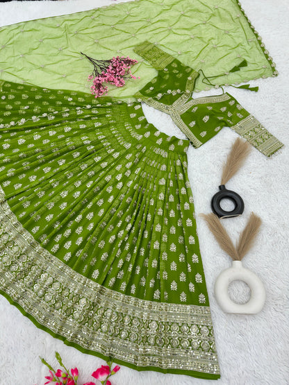 Full Heavy Embroidery Sequence Work Green Lehenga Choli