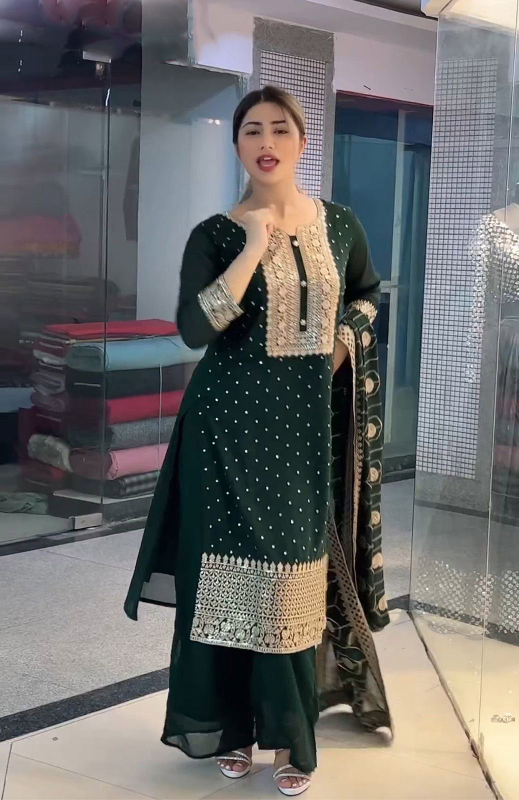 Good Looking Dark Green Color Beautiful Work Sharara Suit