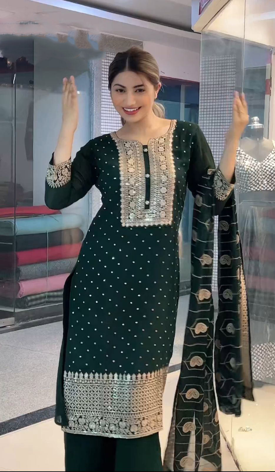 Good Looking Dark Green Color Beautiful Work Sharara Suit