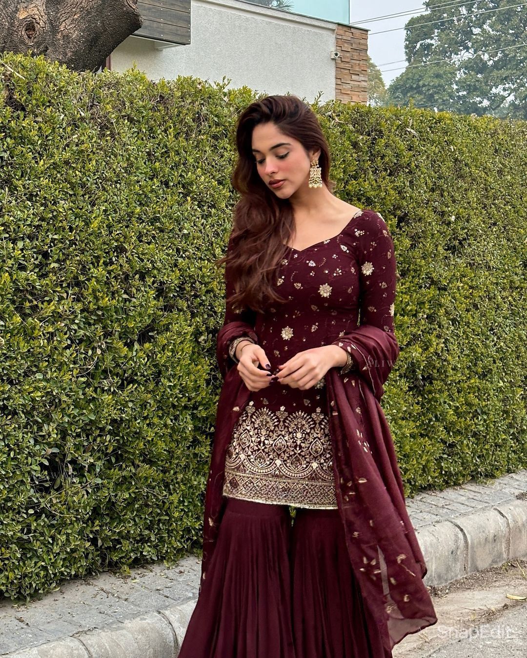 Stunning Plain Maroon Sharara With Sequence Work Top