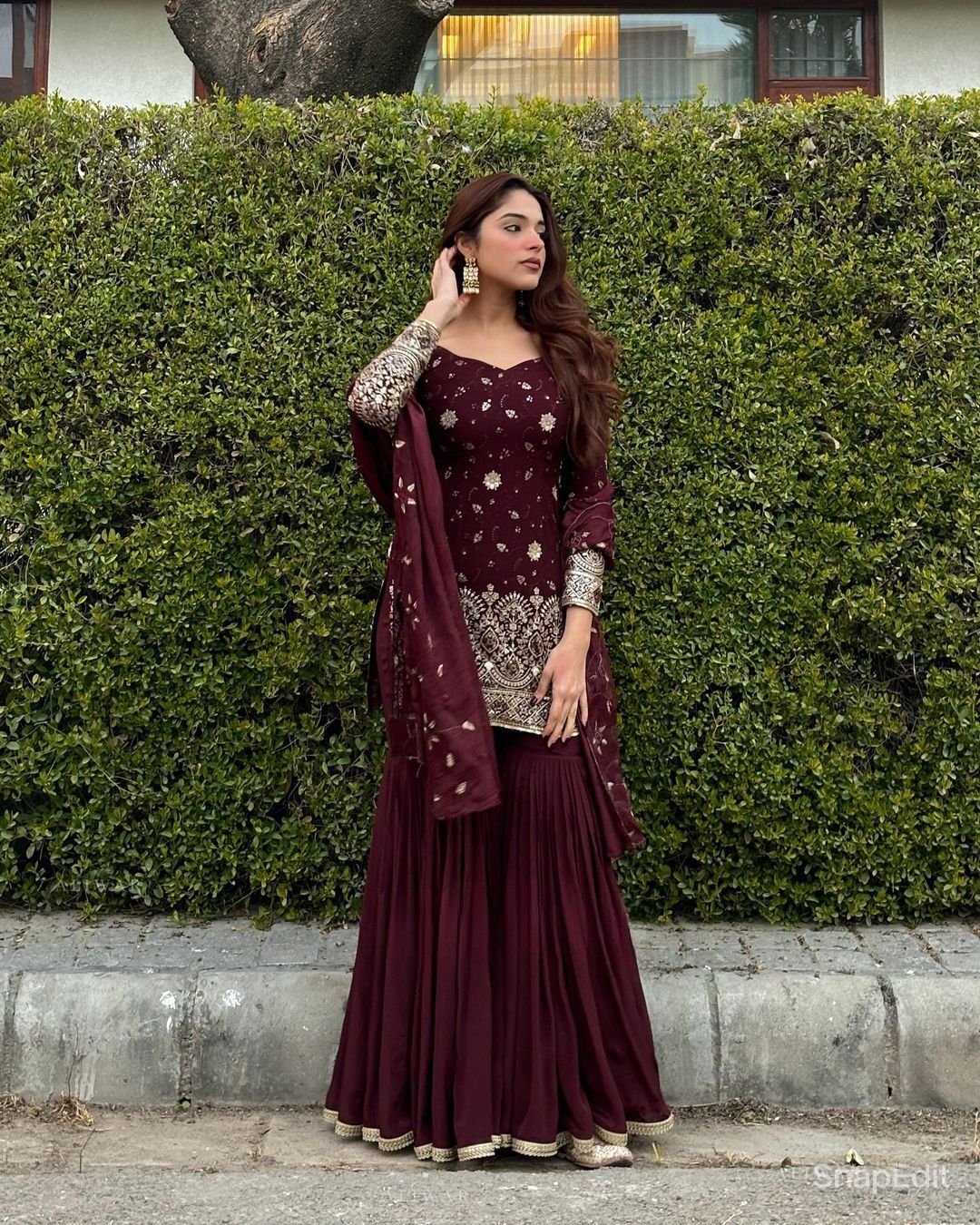 Stunning Plain Maroon Sharara With Sequence Work Top