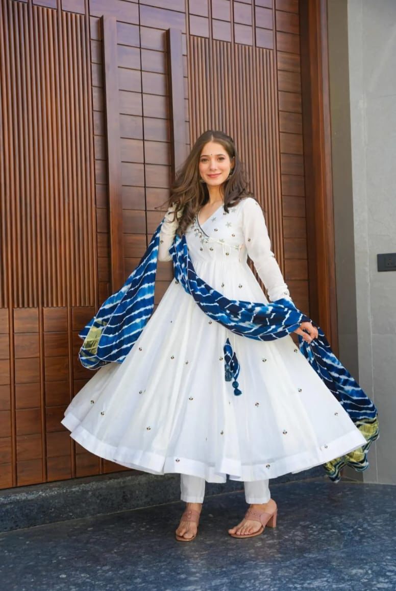 White Color Embroidery Work Gown With Blue Dupatta