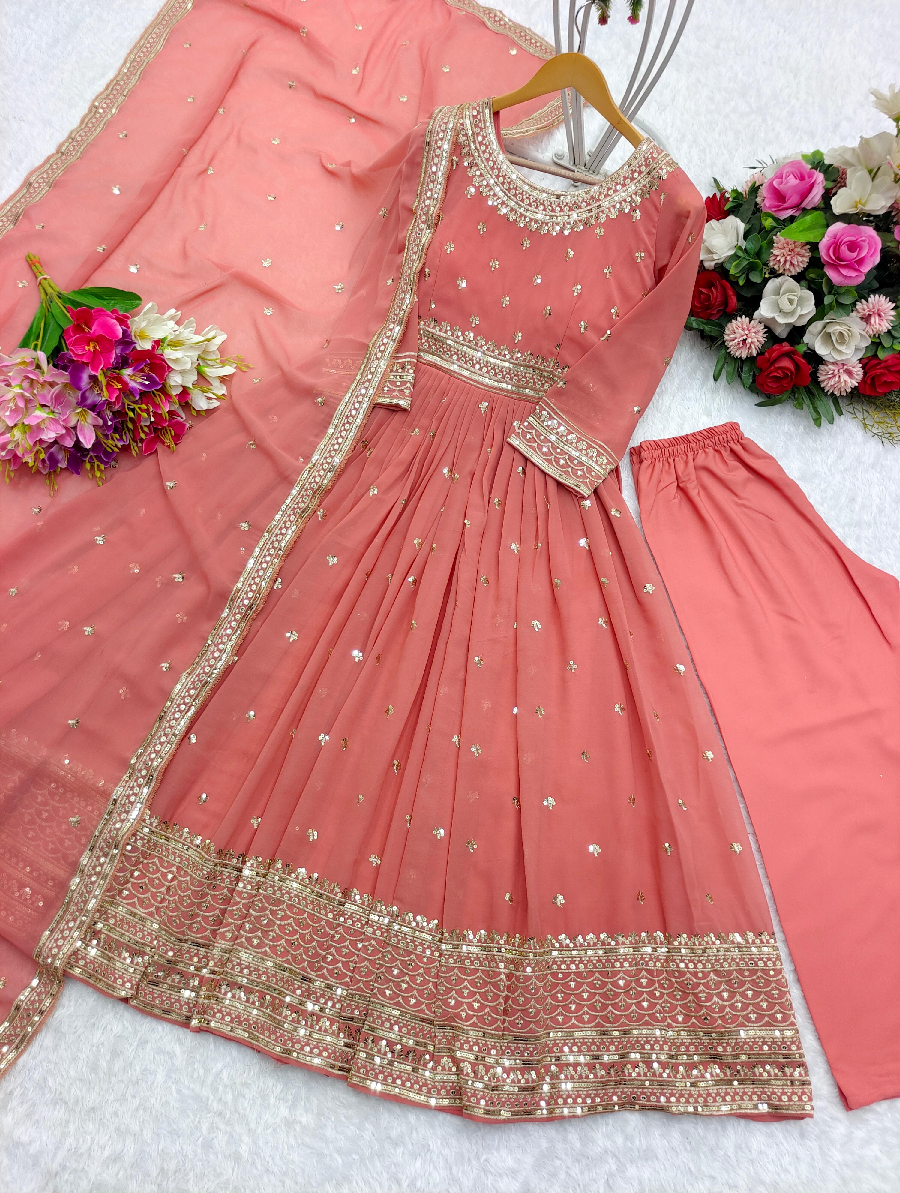 Wedding Wear Embroidery Work Peach Color Long Gown