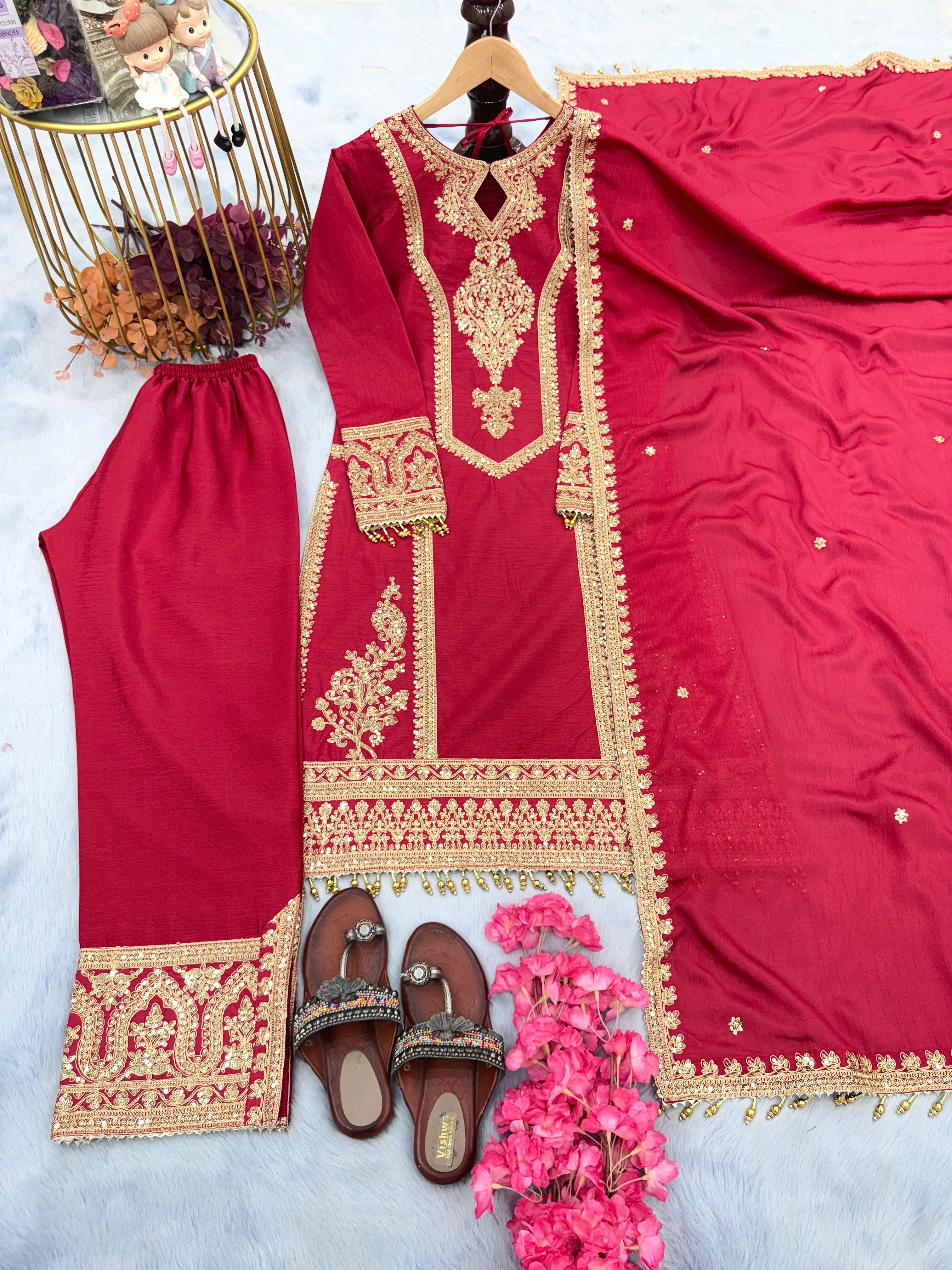 Party Wear Embroidery Work Red Kurti Pant With Dupatta