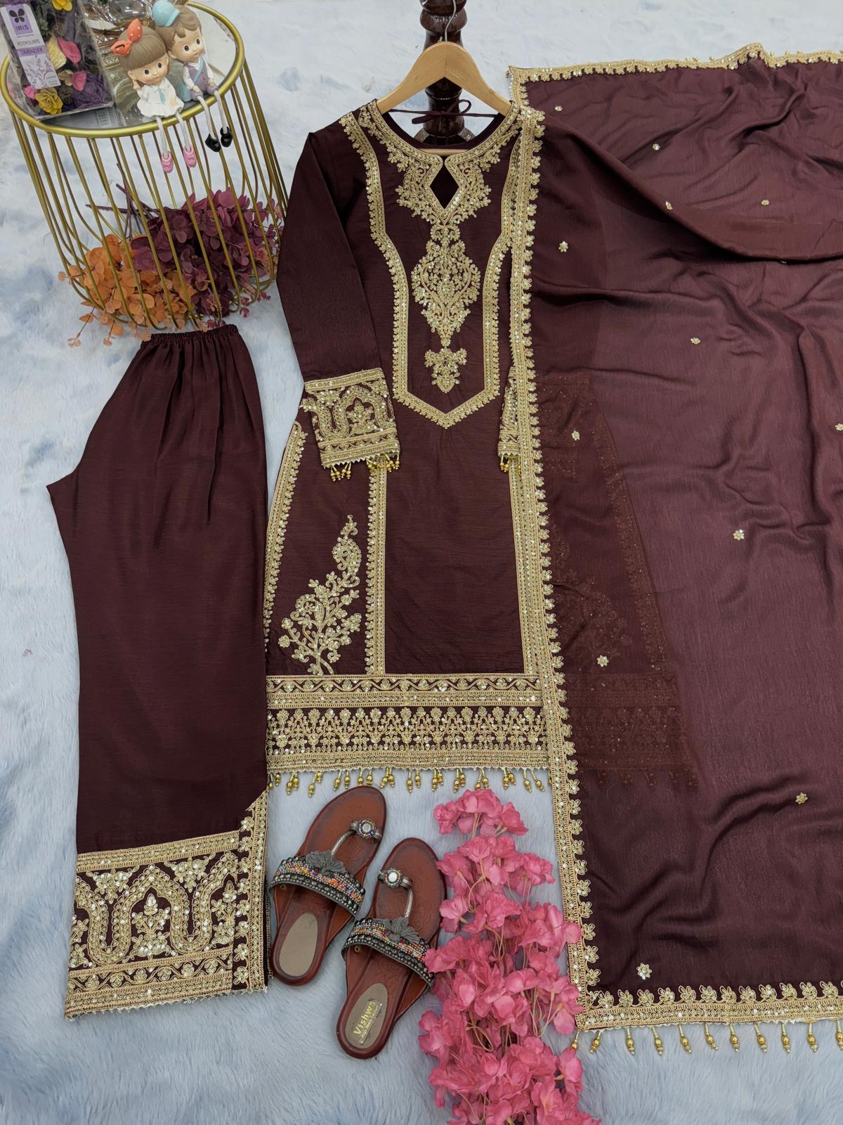 Party Wear Embroidery Work Coffee Kurti Pant With Dupatta