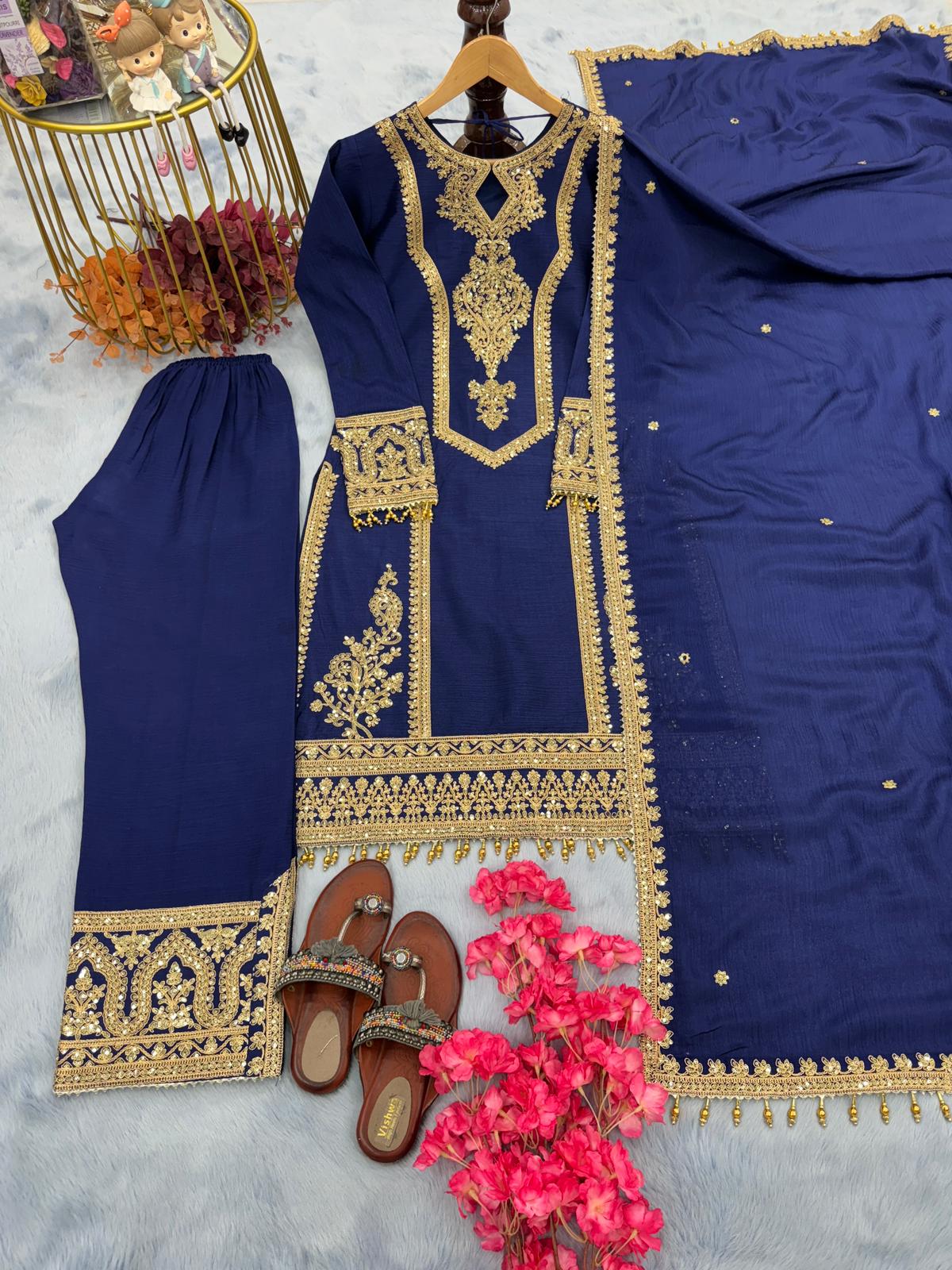 Party Wear Embroidery Work Blue Kurti Pant With Dupatta