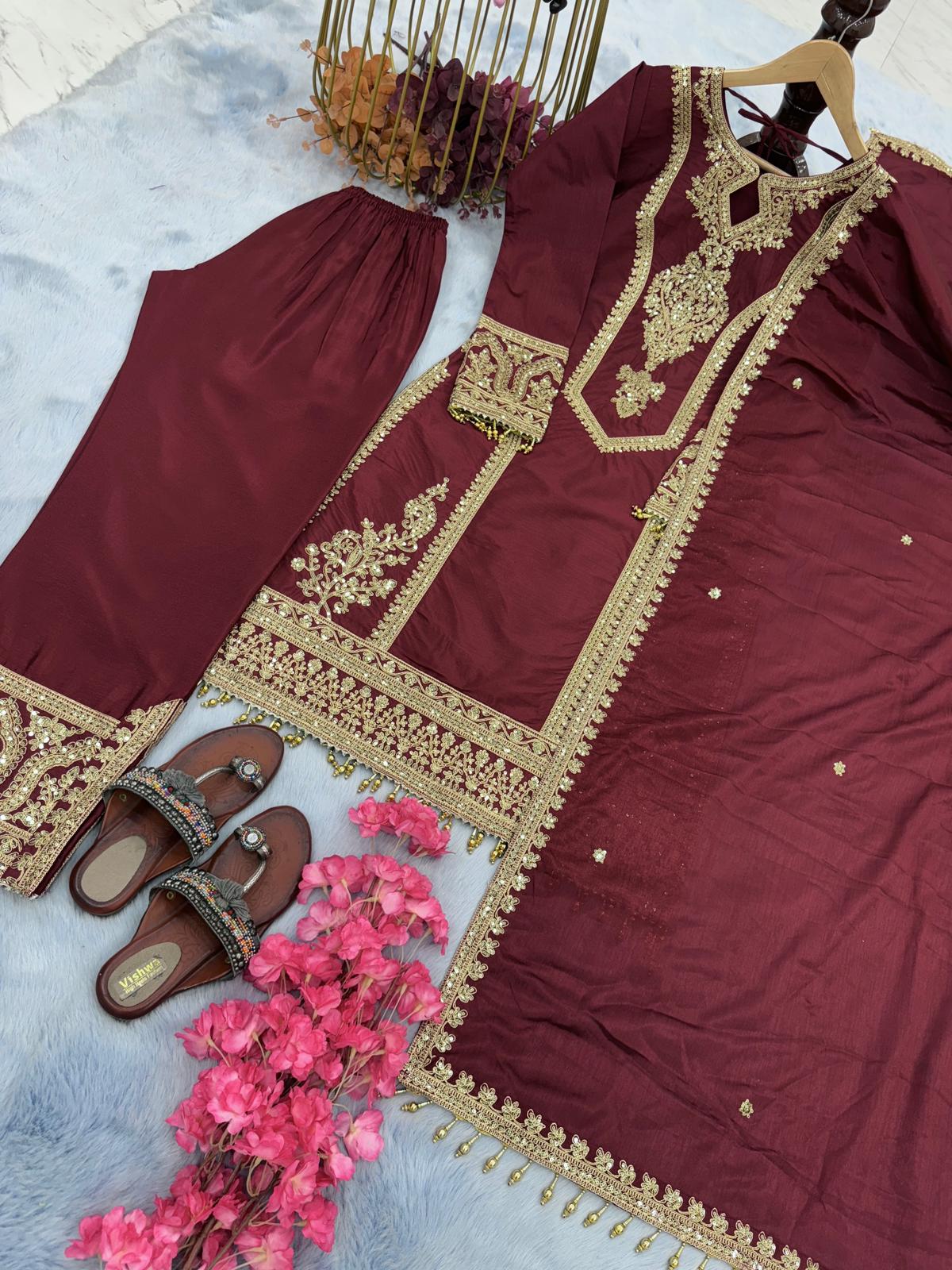 Party Wear Embroidery Work Maroon Kurti Pant With Dupatta