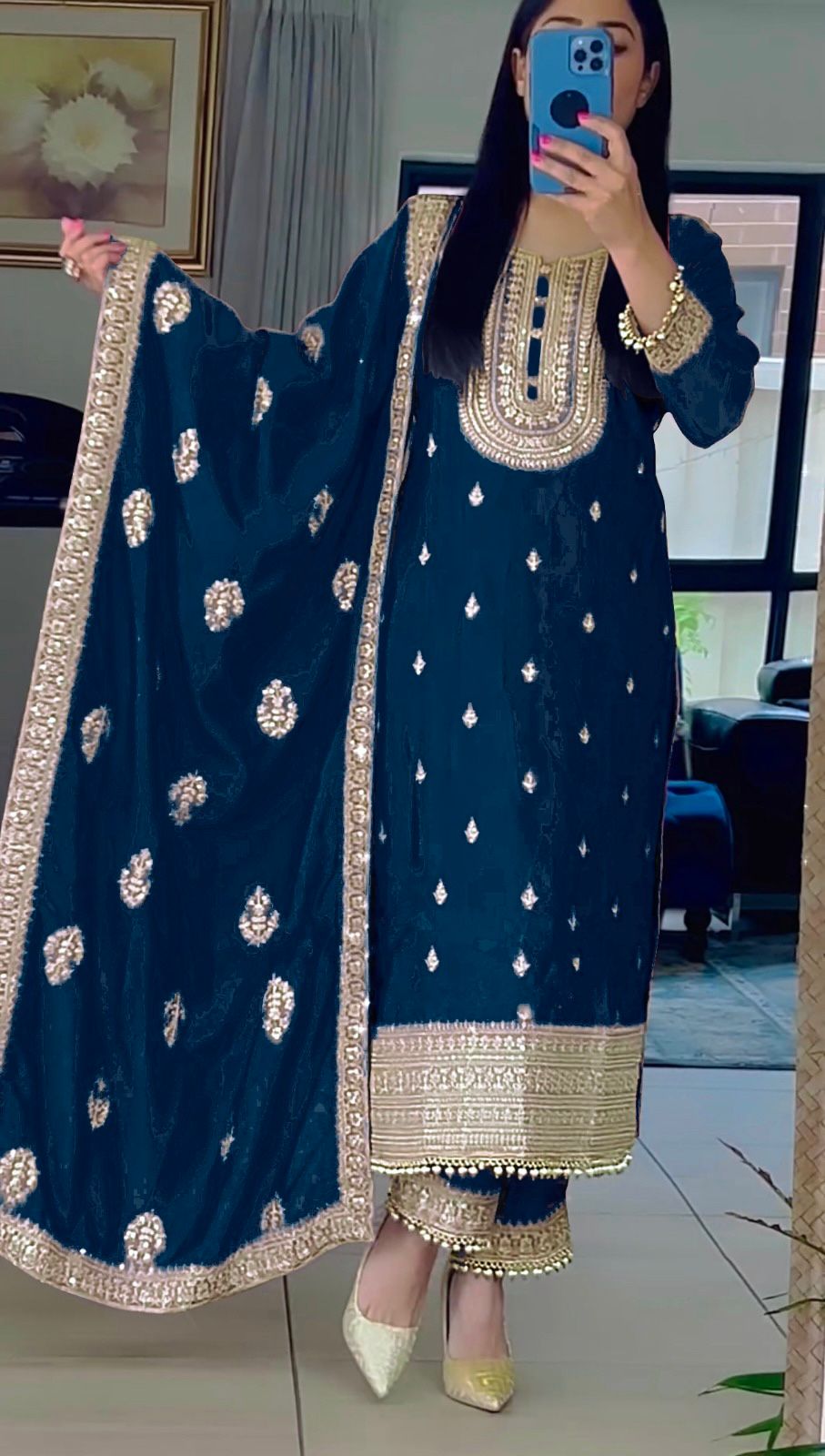 Amazing Embroidery Sequence Work Blue Color Palazzo Suit