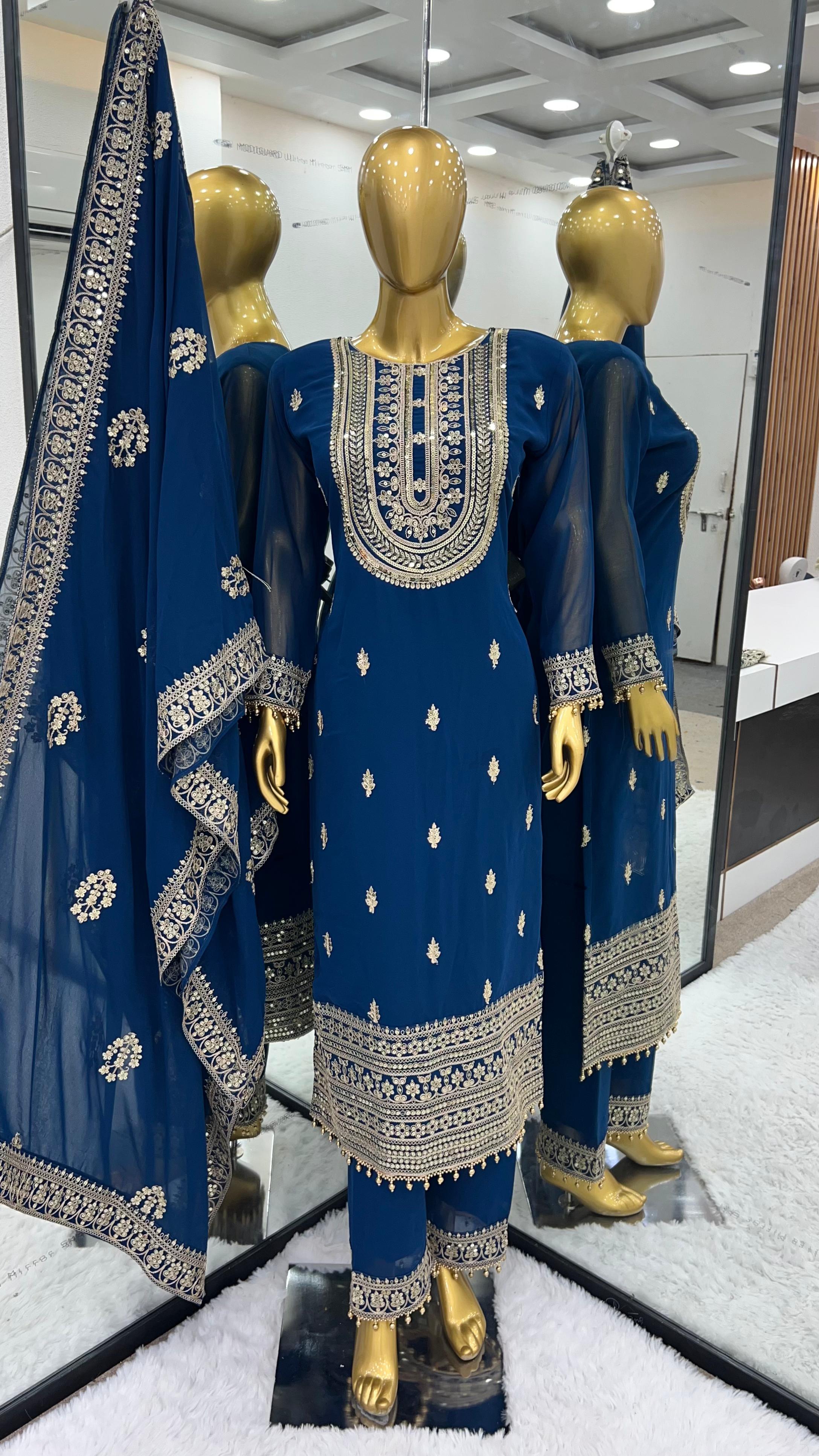 Amazing Embroidery Sequence Work Blue Color Palazzo Suit