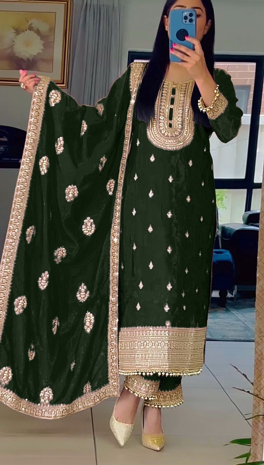 Amazing Embroidery Sequence Work Green Color Palazzo Suit