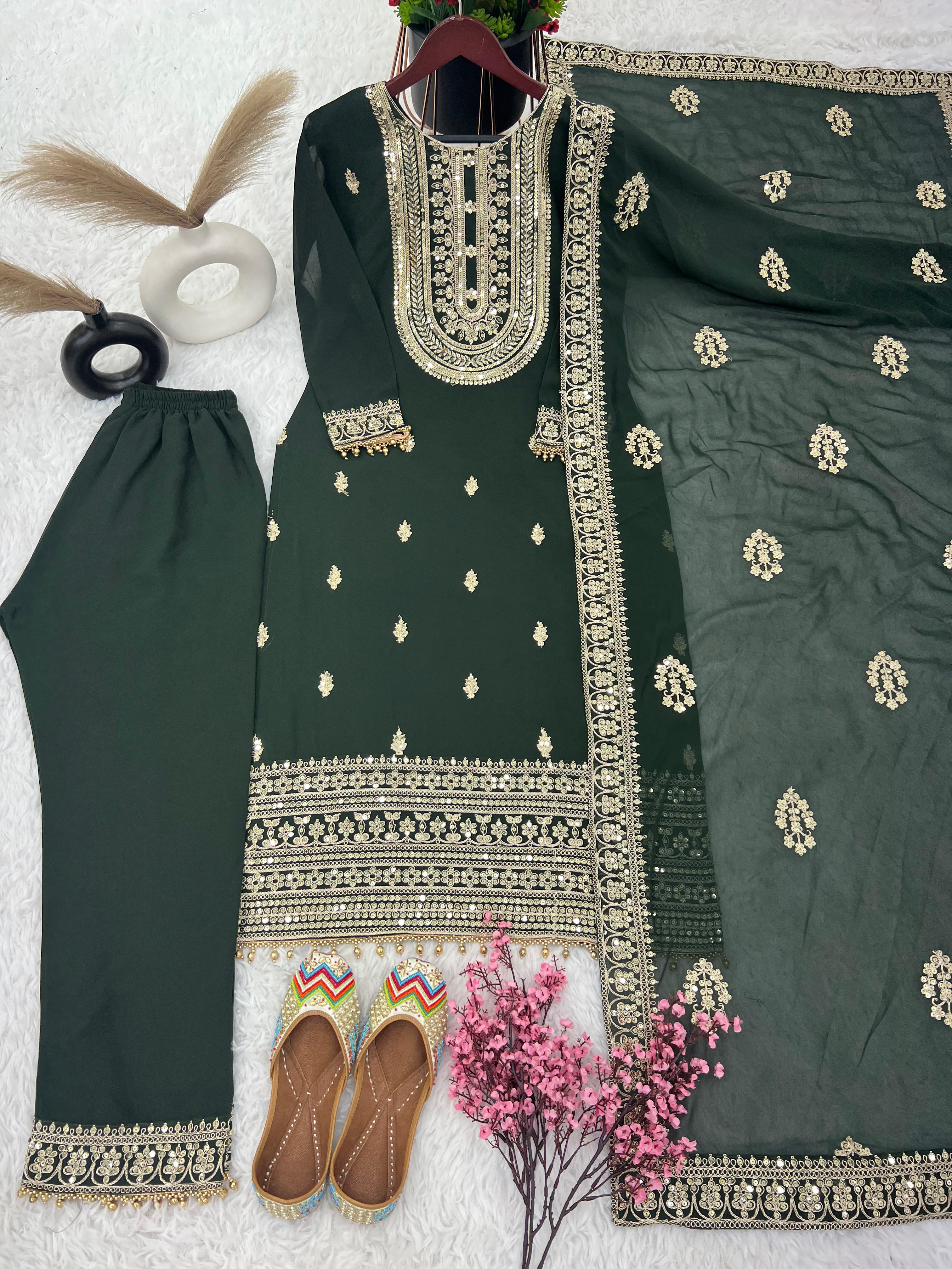 Amazing Embroidery Sequence Work Green Color Palazzo Suit